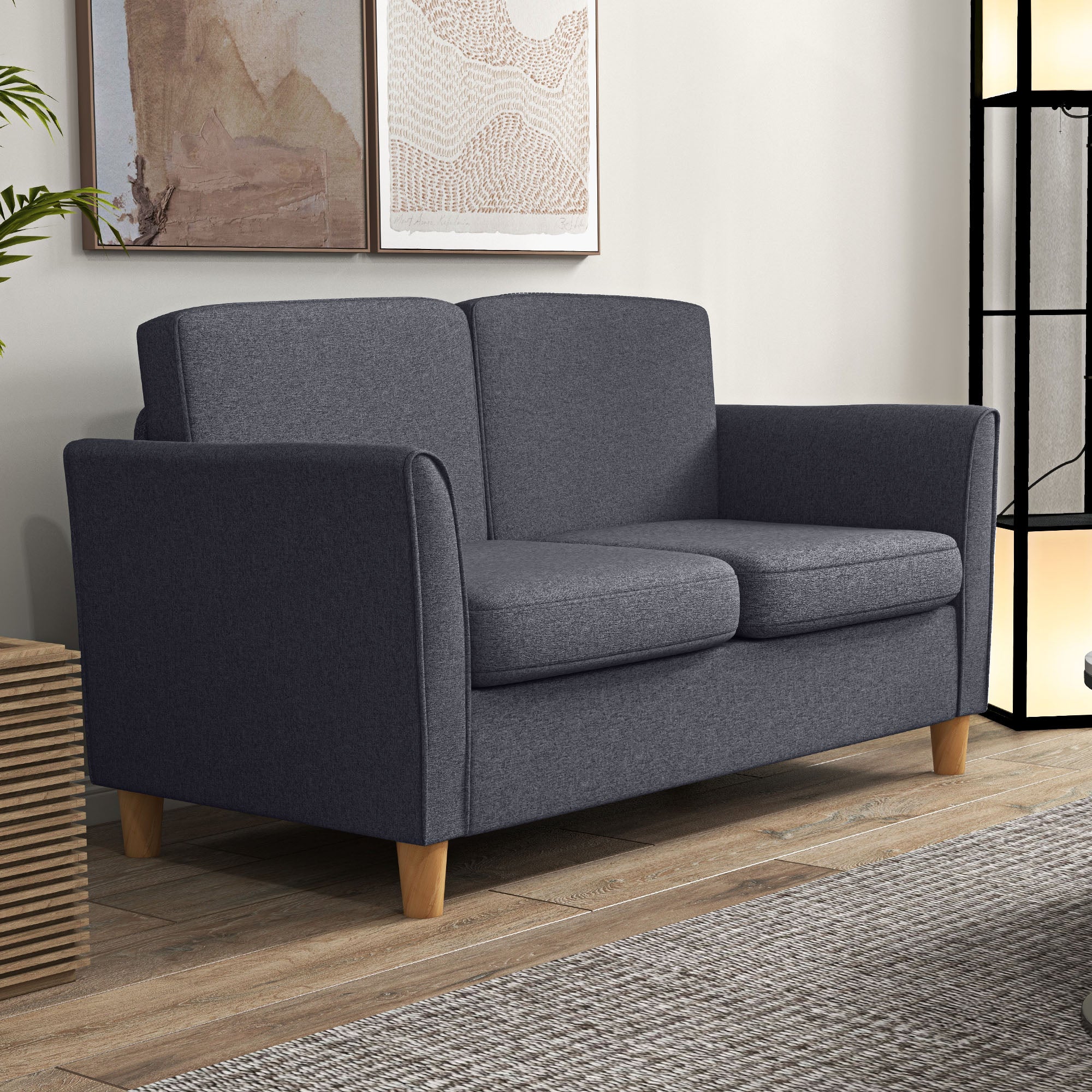 HOMCOM 2 Seater Sofa, Compact Loveseat, Fabric Couch with Wood Legs and Armrest, for Living Room and Home Office Dark Grey