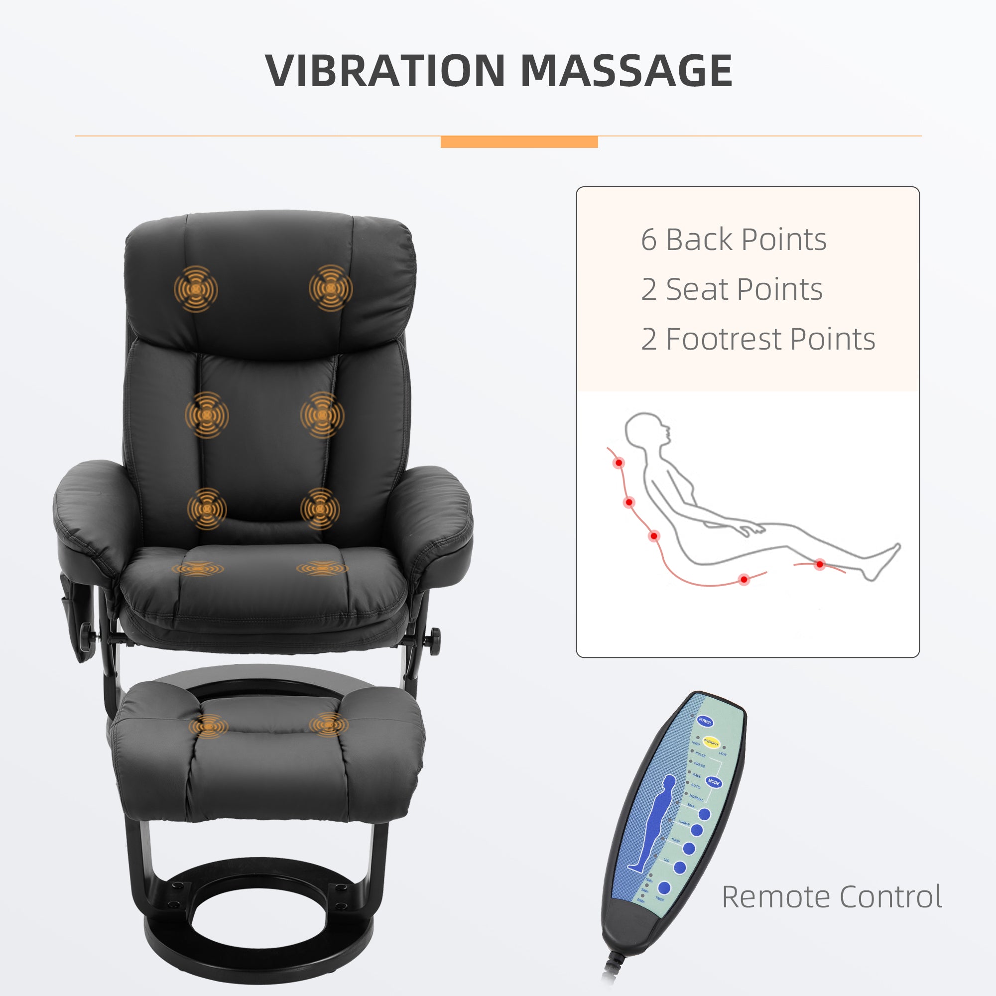 Pu Leather Massage Recliner Chair With Ottoman 10 Point Vibration Swiveling Armchair Black