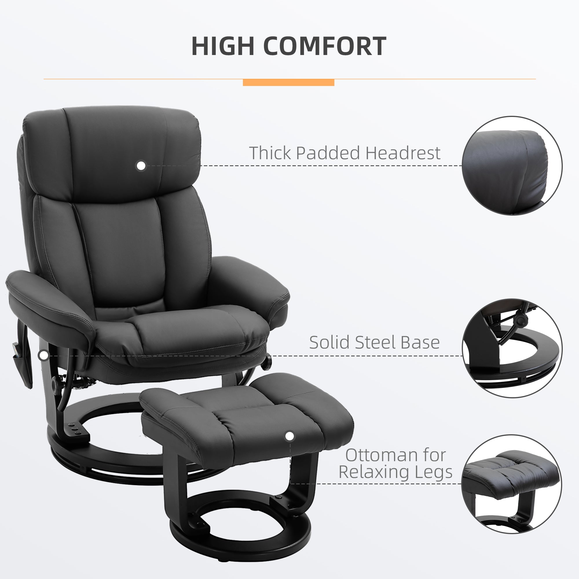 Pu Leather Massage Recliner Chair With Ottoman 10 Point Vibration Swiveling Armchair Black