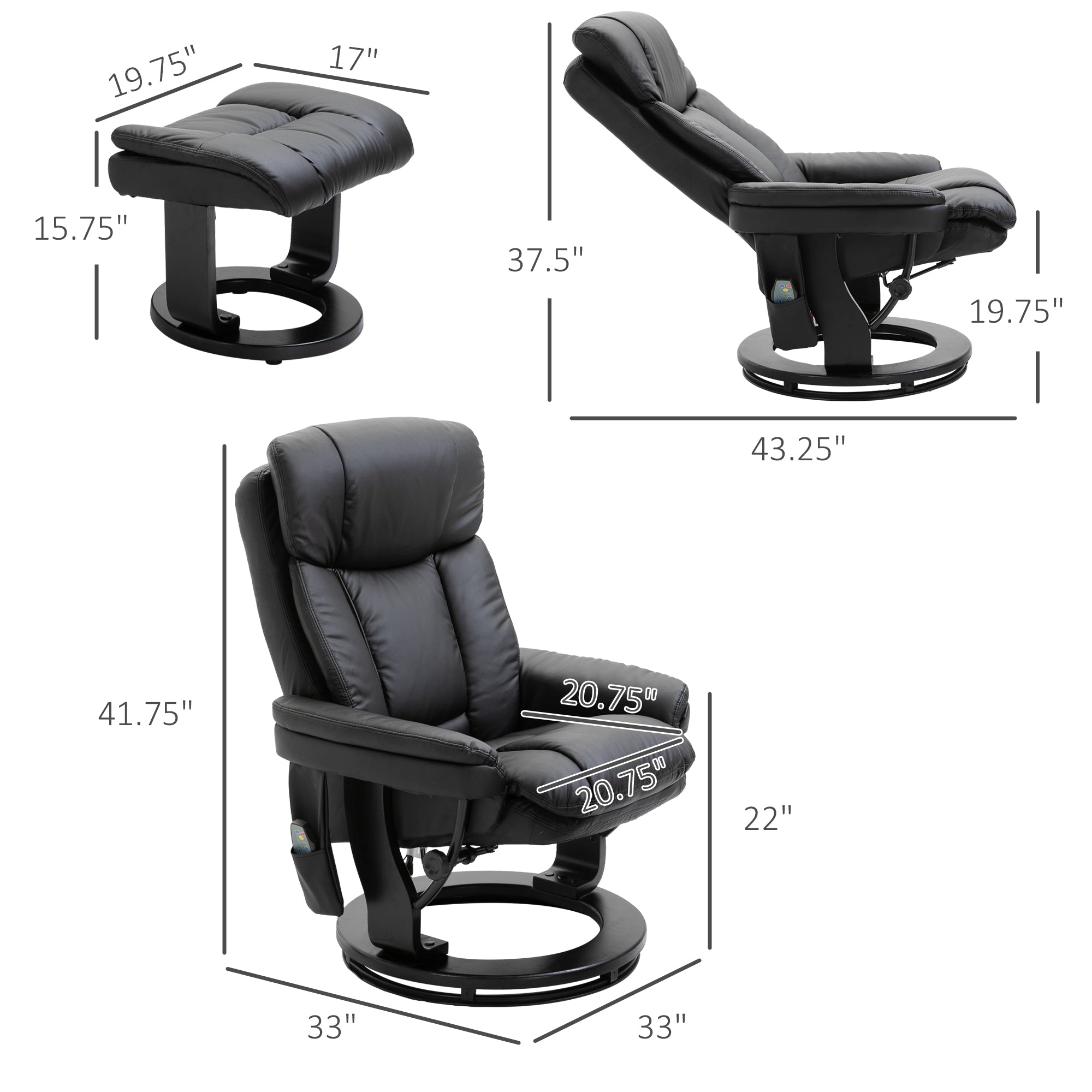 Pu Leather Massage Recliner Chair With Ottoman 10 Point Vibration Swiveling Armchair Black