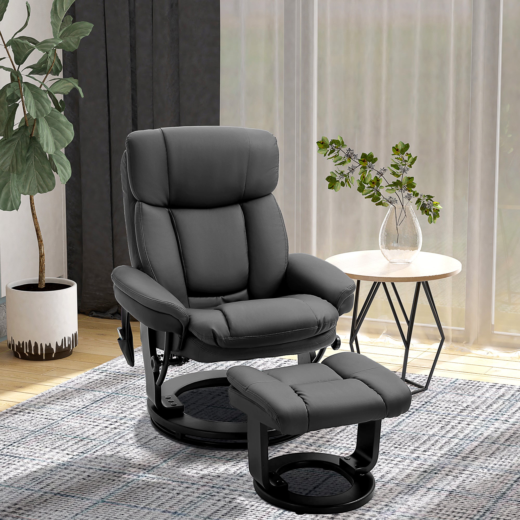 Pu Leather Massage Recliner Chair With Ottoman 10 Point Vibration Swiveling Armchair Black