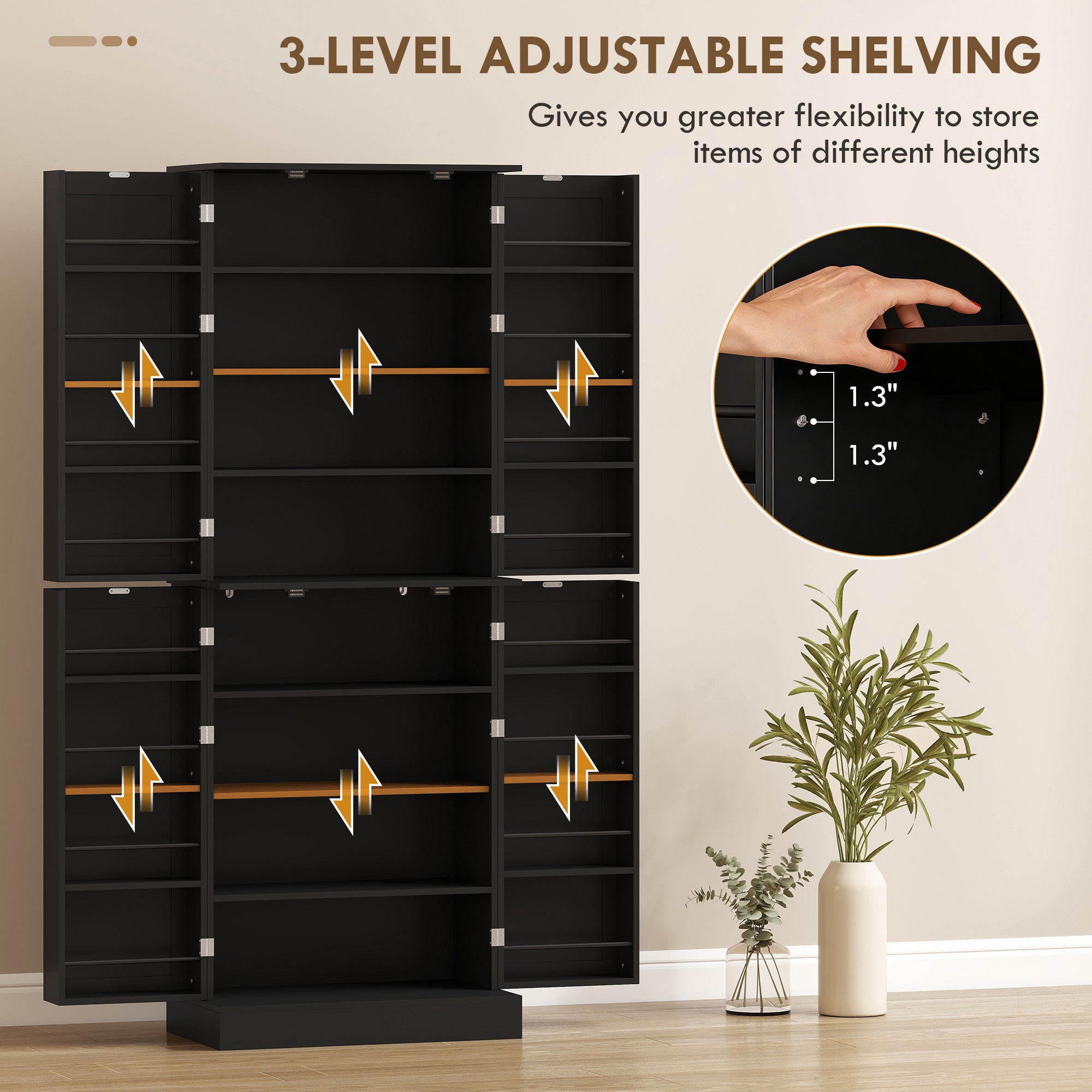 65" Kitchen Pantry Cabinet, Modern Storage Cabinet with Doors and Shelves, Freestanding Cupboard for Dining Room, Black