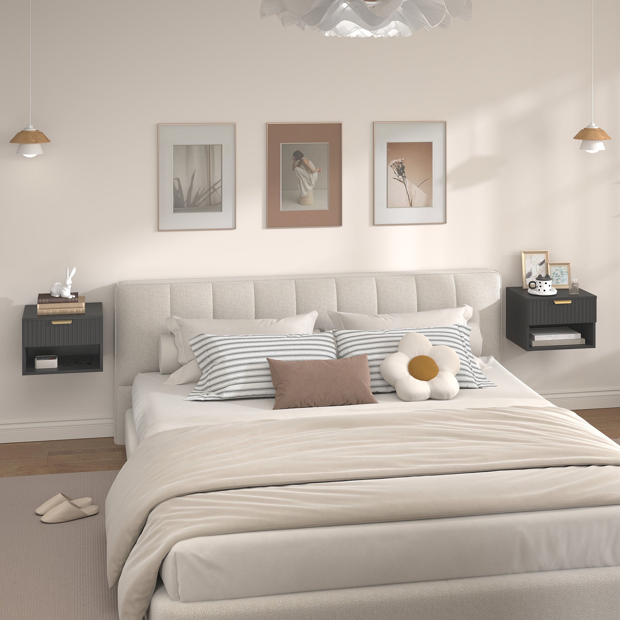 Floating Nightstands Set of 2, Modern Wall Mounted Bedside Tables with Fluted Drawer and Open Shelf for Bedroom, Black