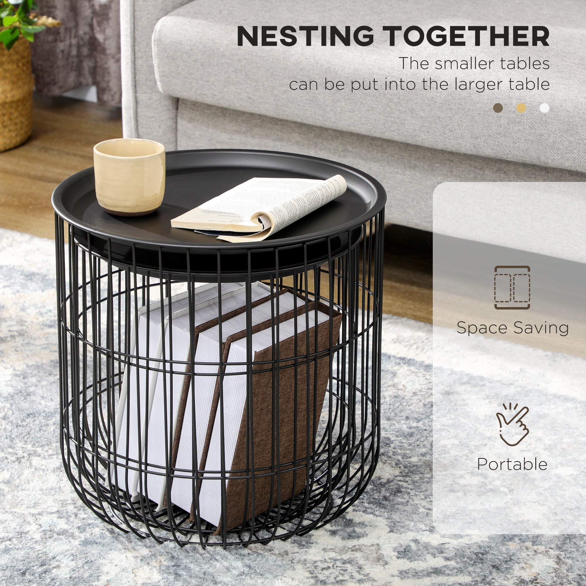 Coffee Table Set Nest of Tables with Steel Wired Basket Body and Removable Top for Living Room Black