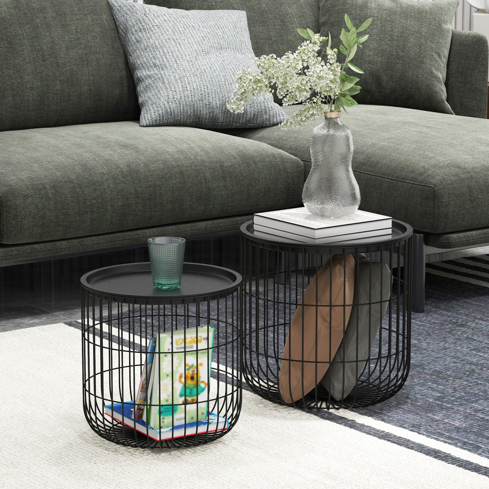 Coffee Table Set Nest of Tables with Steel Wired Basket Body and Removable Top for Living Room Black