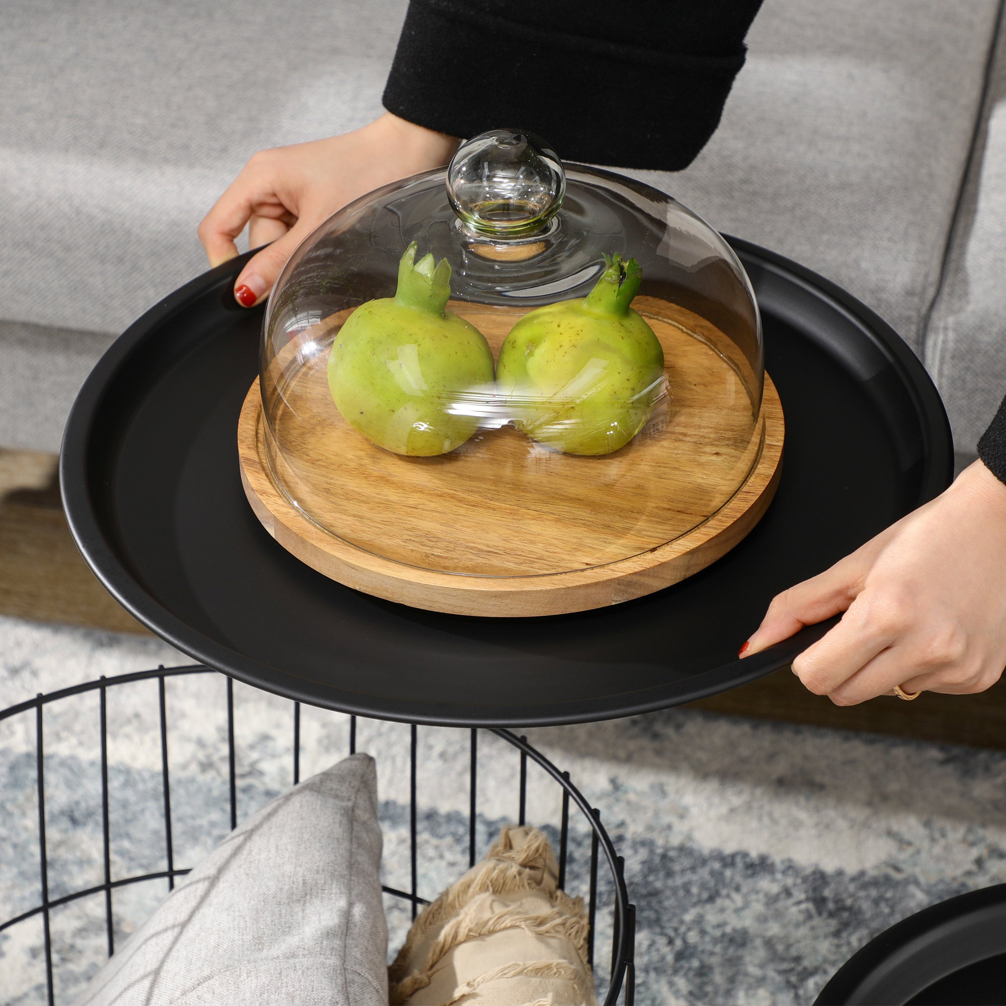 Coffee Table Set Nest of Tables with Steel Wired Basket Body and Removable Top for Living Room Black