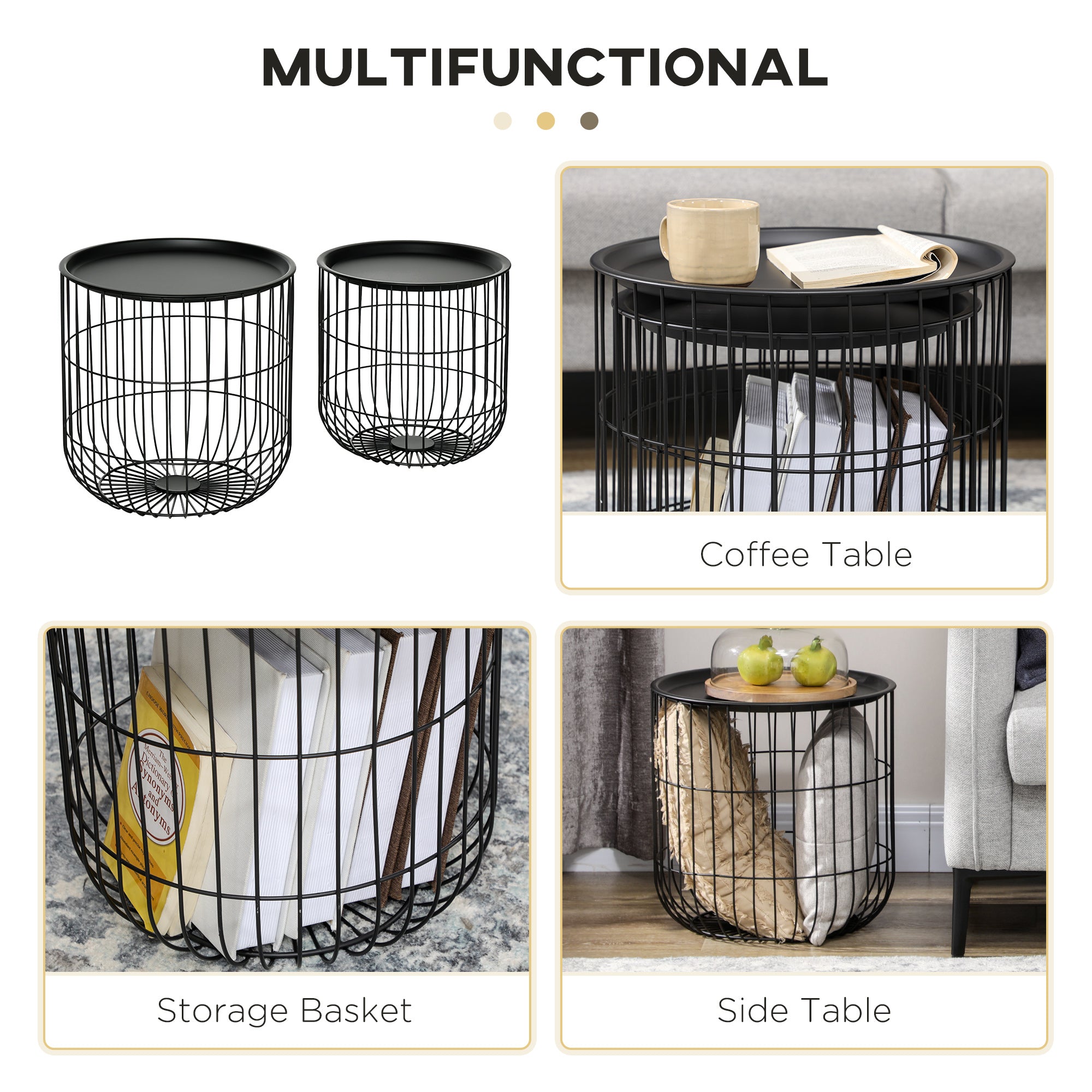 Coffee Table Set Nest of Tables with Steel Wired Basket Body and Removable Top for Living Room Black