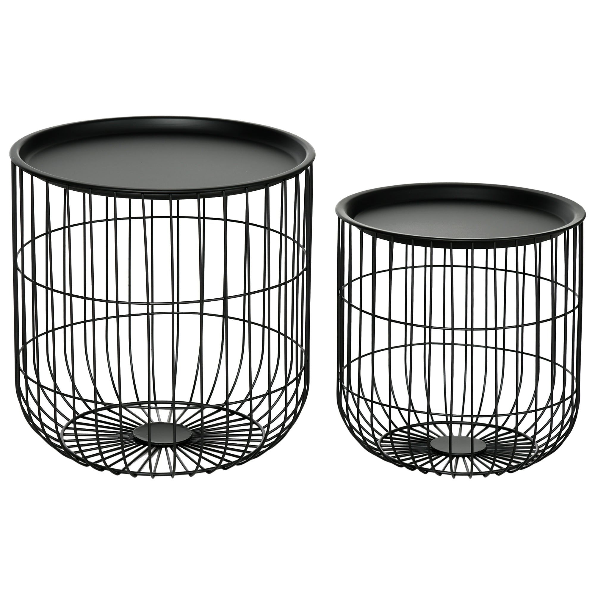 Coffee Table Set Nest of Tables with Steel Wired Basket Body and Removable Top for Living Room Black