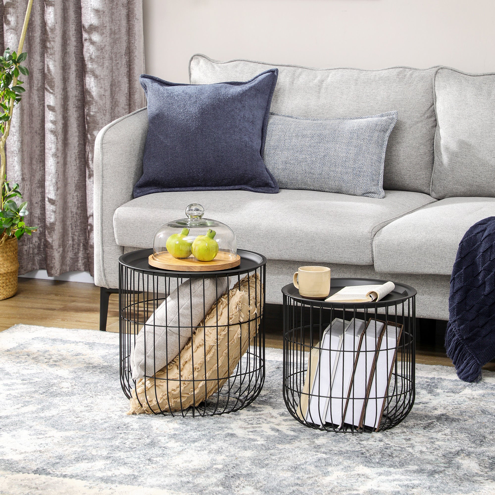 Coffee Table Set Nest of Tables with Steel Wired Basket Body and Removable Top for Living Room Black