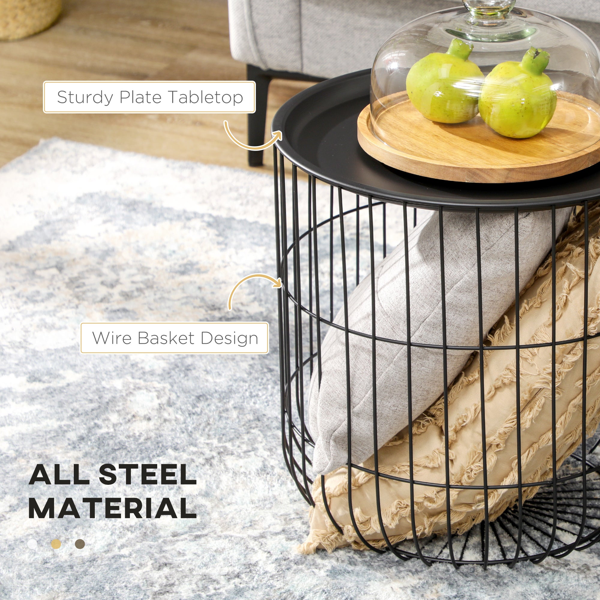 Coffee Table Set Nest of Tables with Steel Wired Basket Body and Removable Top for Living Room Black