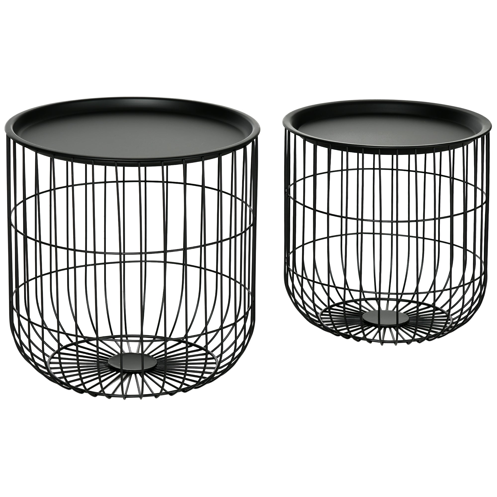 Coffee Table Set Nest of Tables with Steel Wired Basket Body and Removable Top for Living Room Black