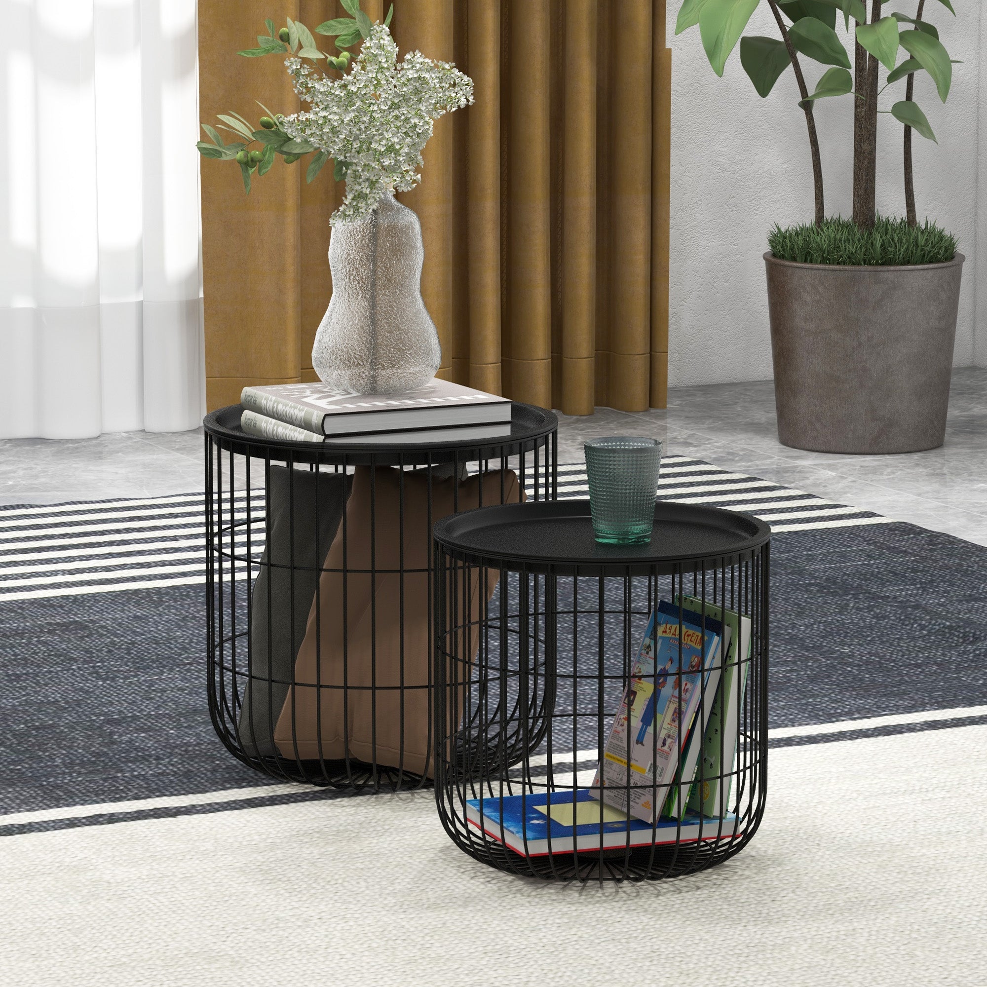 Coffee Table Set Nest of Tables with Steel Wired Basket Body and Removable Top for Living Room Black