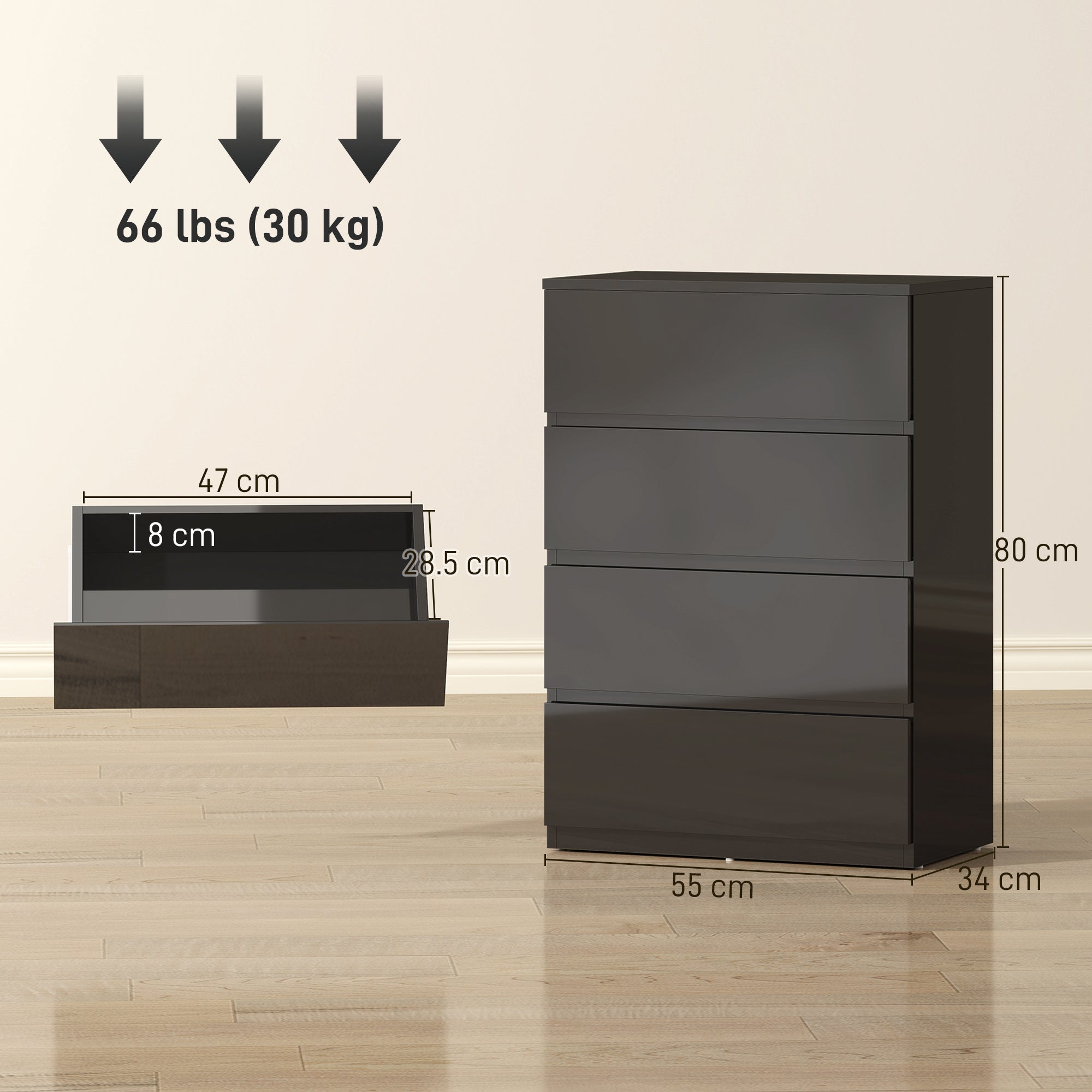 Chest of Drawers, 4 Drawers Storage Cabinet Floor Tower Cupboard for Bedroom Living Room, High Gloss Black