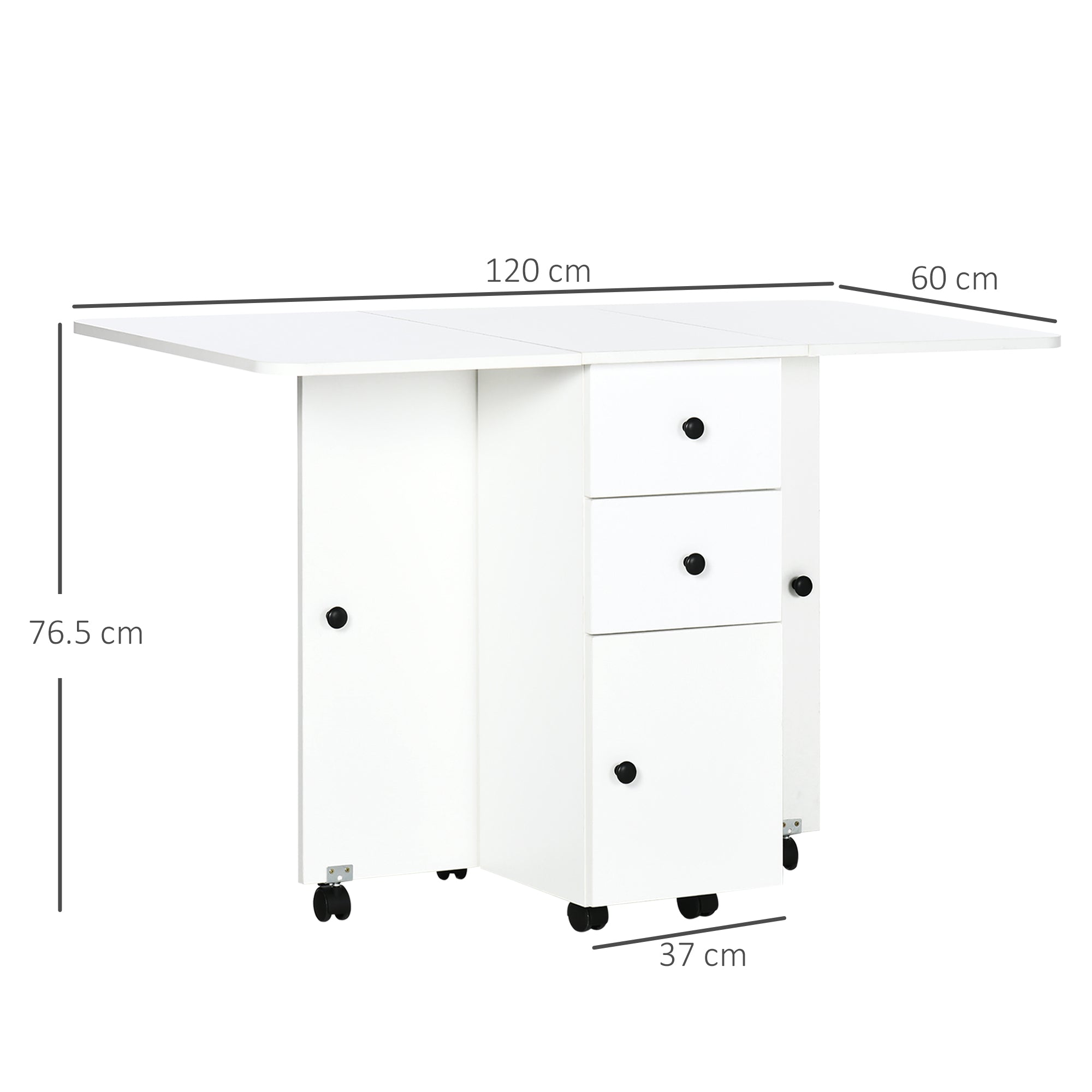 HOMCOM Folding Dining Table for 4-6, Rolling Drop Leaf Table with Storage Drawers, Cabinet and Open Shelf, Extendable Kitchen Table on Wheels, White