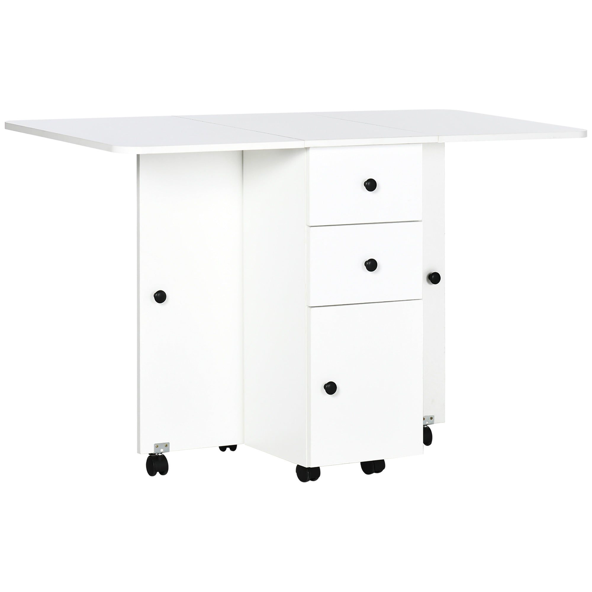HOMCOM Folding Dining Table for 4-6, Rolling Drop Leaf Table with Storage Drawers, Cabinet and Open Shelf, Extendable Kitchen Table on Wheels, White