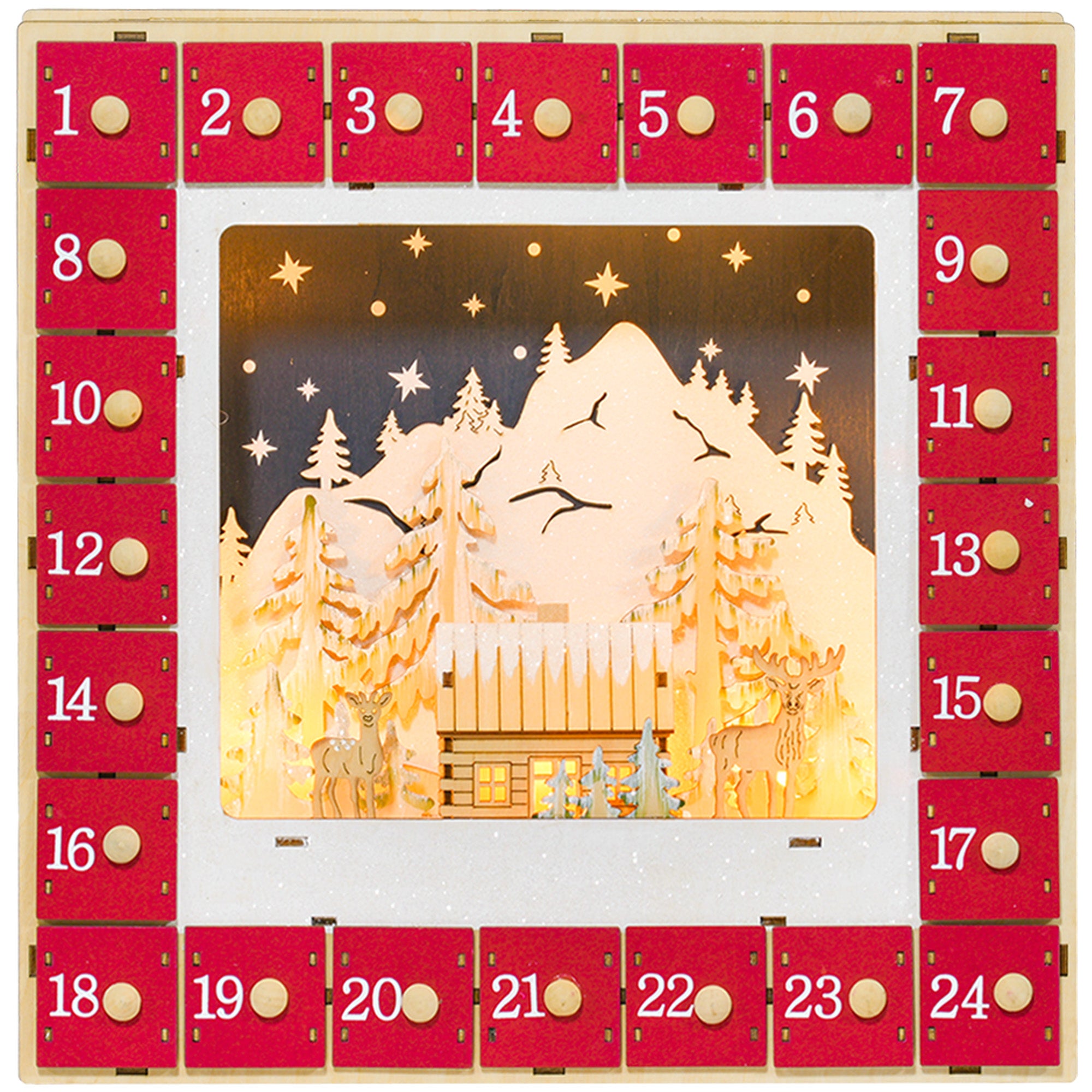 HOMCOM Christmas Advent Calendar, Light Up Wooden Holiday Decoration with 24 Countdown Drawers and LED Lights for Kids and Adults, Battery Operated, Red