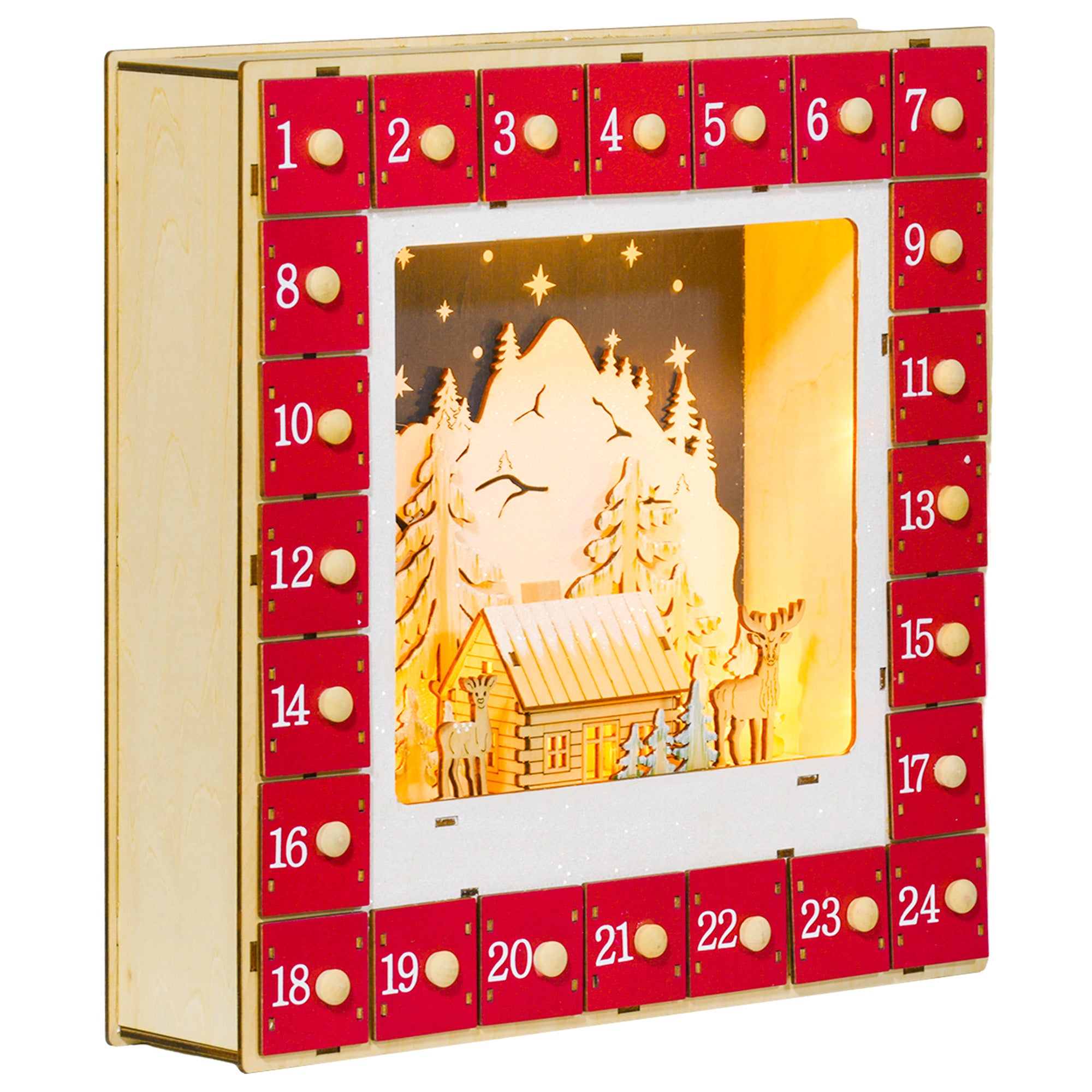 HOMCOM Christmas Advent Calendar, Light Up Wooden Holiday Decoration with 24 Countdown Drawers and LED Lights for Kids and Adults, Battery Operated, Red