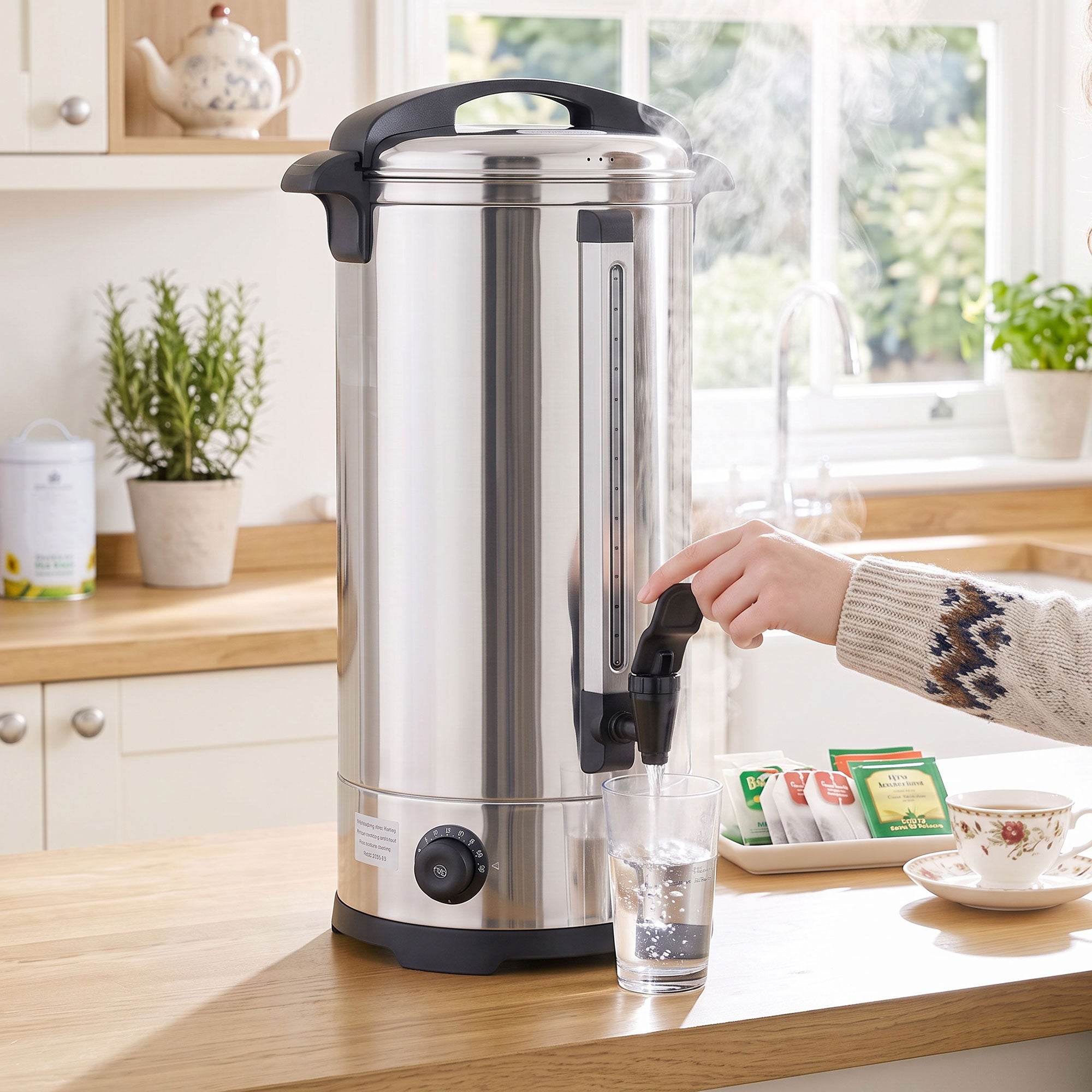 24L Catering Urn, 2500W Hot Water Boiler Dispenser with Thermostat, Stainless Steel Tea Urn Kettle with Keep Warm Function, Adjustable Temperature and Easy Pour Tap for Home Office Parties