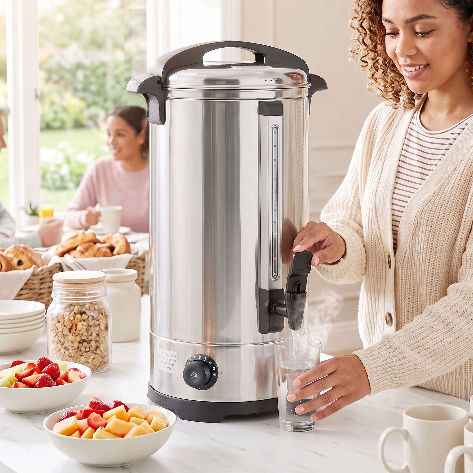 24L Catering Urn, 2500W Hot Water Boiler Dispenser with Thermostat, Stainless Steel Tea Urn Kettle with Keep Warm Function, Adjustable Temperature and Easy Pour Tap for Home Office Parties