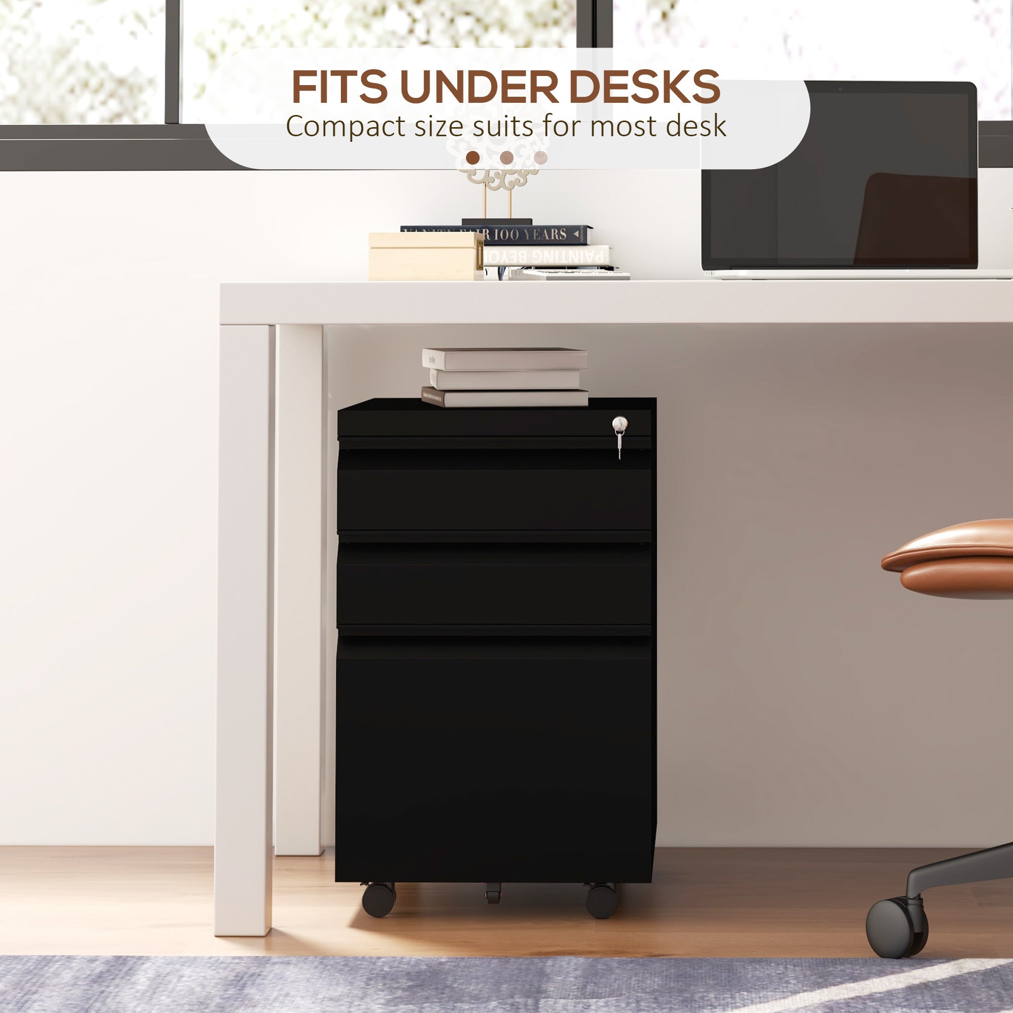 Vinsetto Mobile Vertical Filing Cabinet with Lock, 3-Drawer Steel File Cabinet with Adjustable Hanging Bar for Letter, A4 and Legal Size, Black