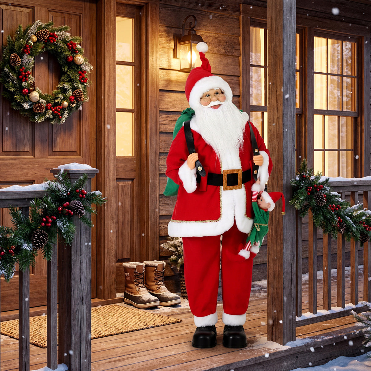 4ft Life Size Singing Dancing Santa Claus, 120 cm Standing Musical Animated Santa with Sack, Hanging Elf, Posable Arms, Handcrafted, Sound Touch Activated, Moving Christmas Figure Decoration