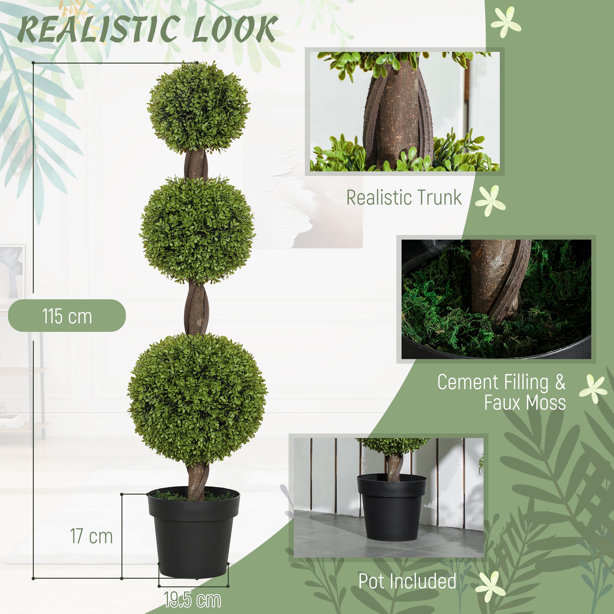 Artificial Boxwood Topiary Tree Set of 2, 45.3" Faux Boxwood Ball Tree in Pot, Fake Plant for Indoor Outdoor Decor, Green