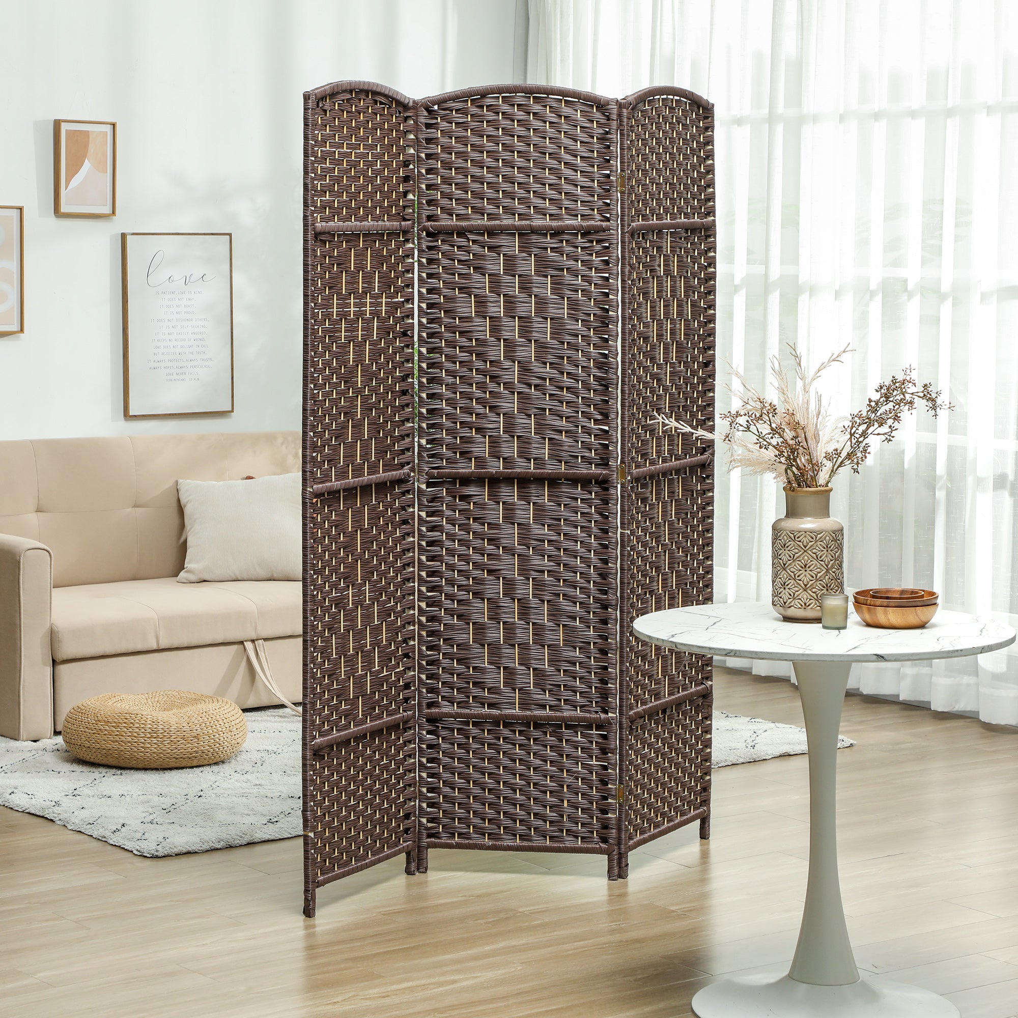 Folding Room Divider Screen 3 Panel 6' Tall Privacy Screen Freestanding Wood Partition Brown