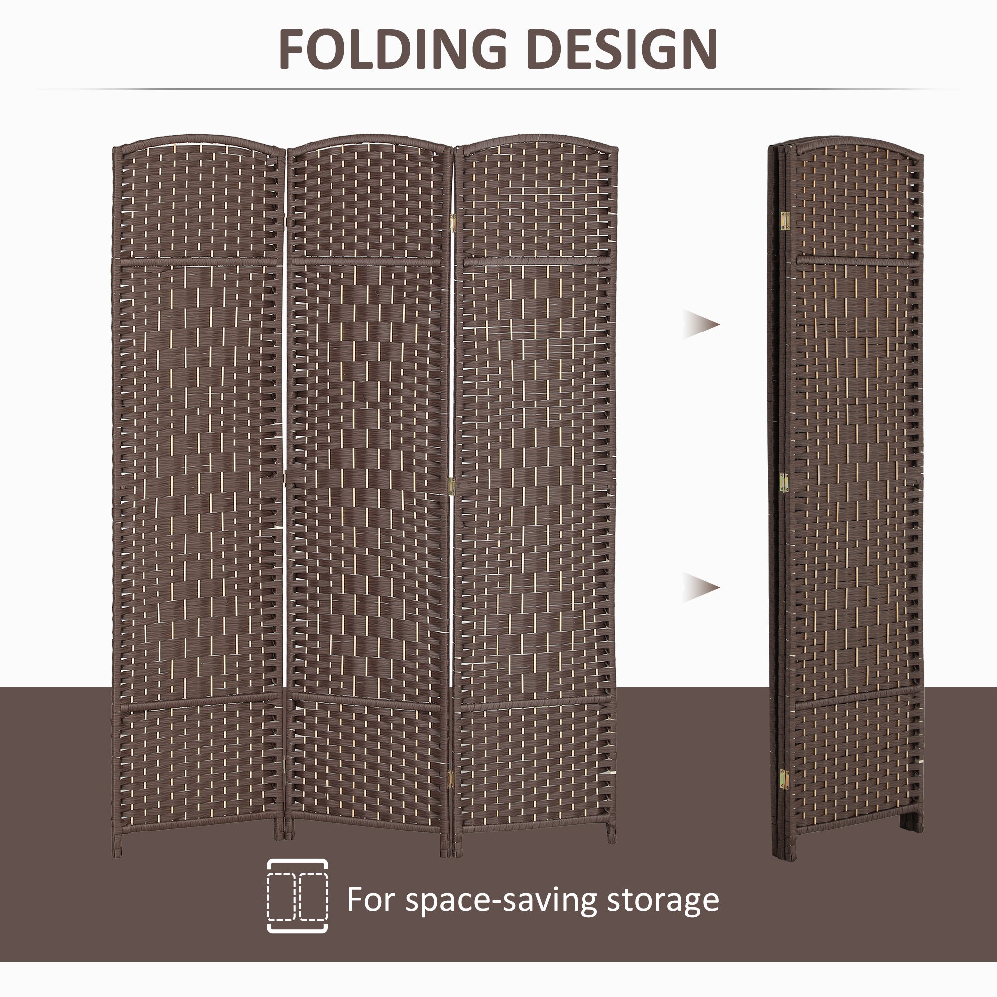 Folding Room Divider Screen 3 Panel 6' Tall Privacy Screen Freestanding Wood Partition Brown