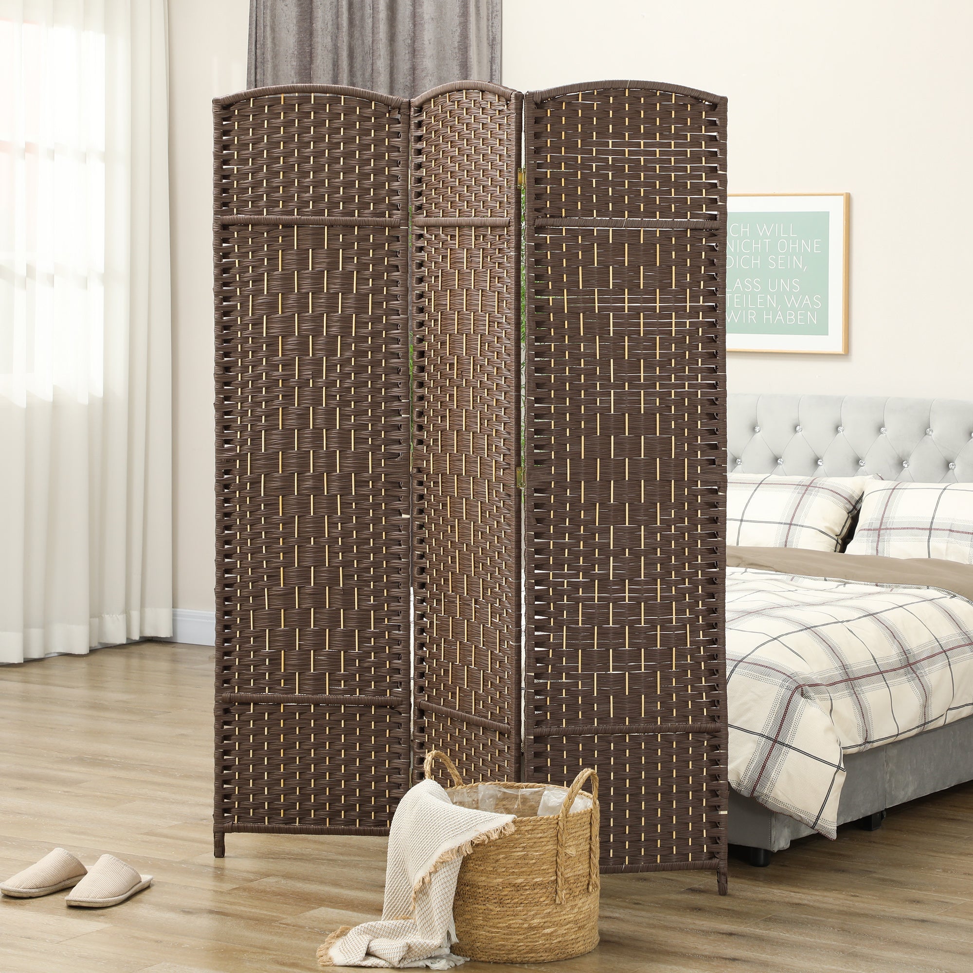 Folding Room Divider Screen 3 Panel 6' Tall Privacy Screen Freestanding Wood Partition Brown