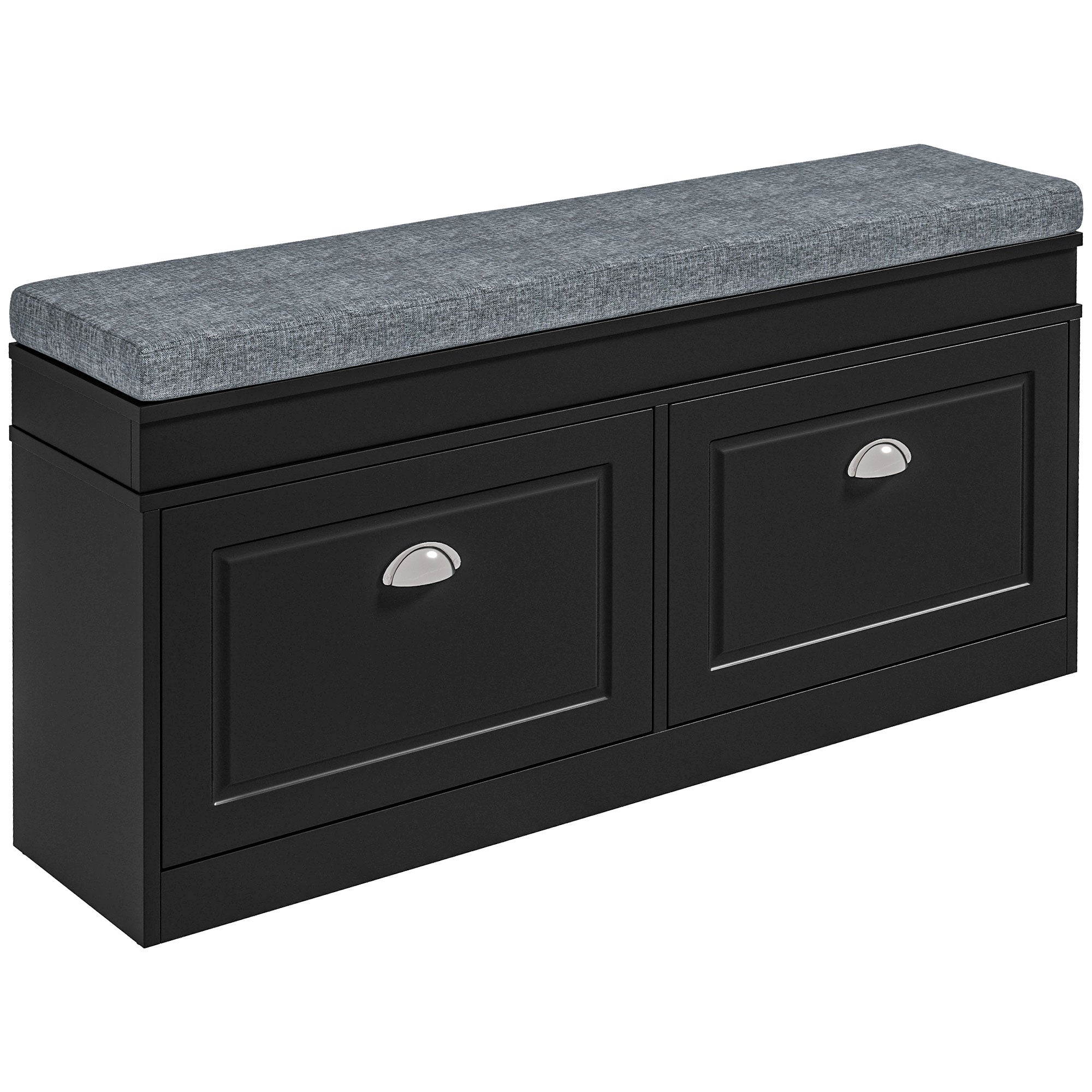 Modern Shoe Storage Bench, Entry Way Bench with Cushion, 2 Drawers, Storage Ottoman Bench, Holds 8 Pairs, Black