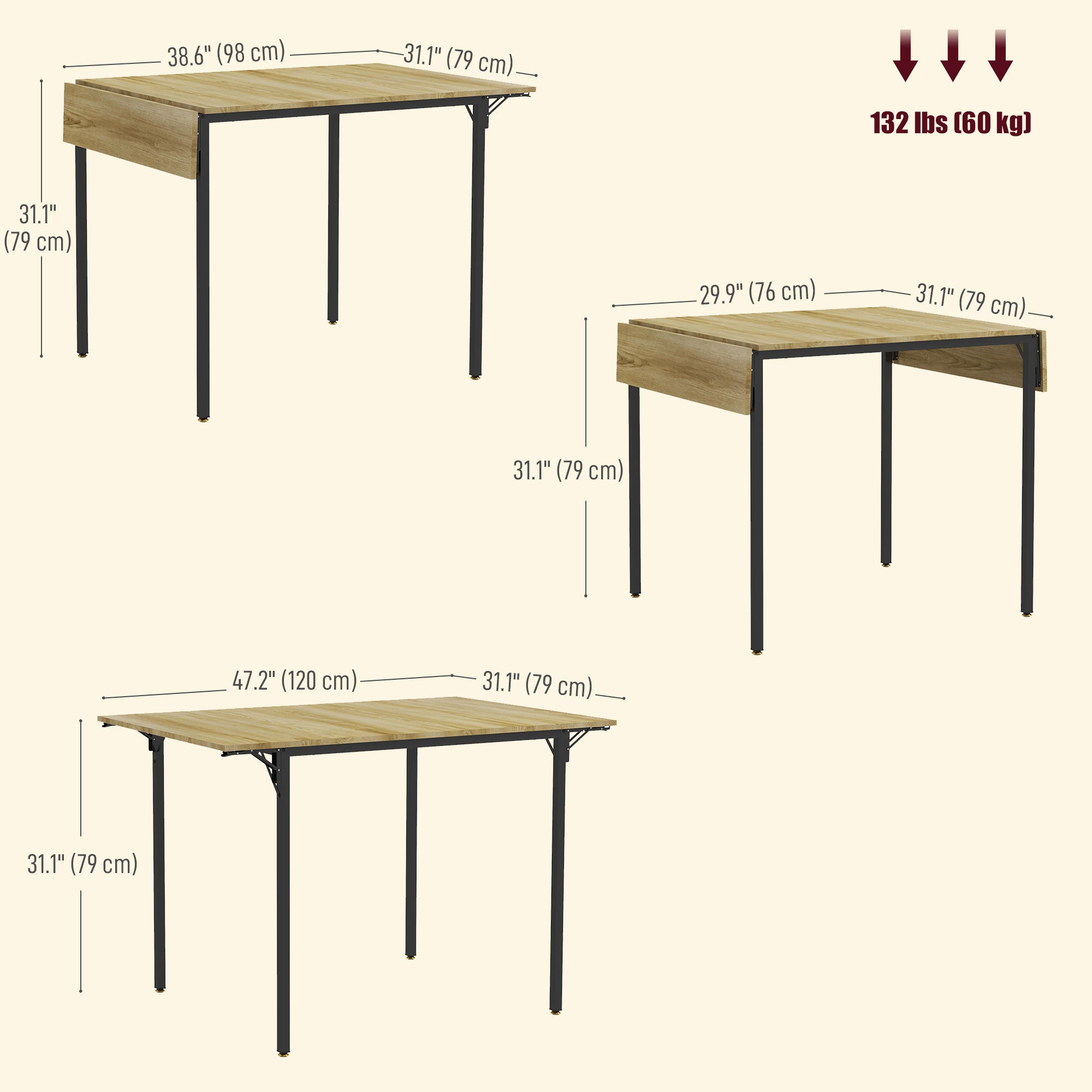 HOMCOM Folding Dining Table, Drop Leaf Table for Small Space, Extendable Kitchen Table for 2 to 4 People, Natural Wood