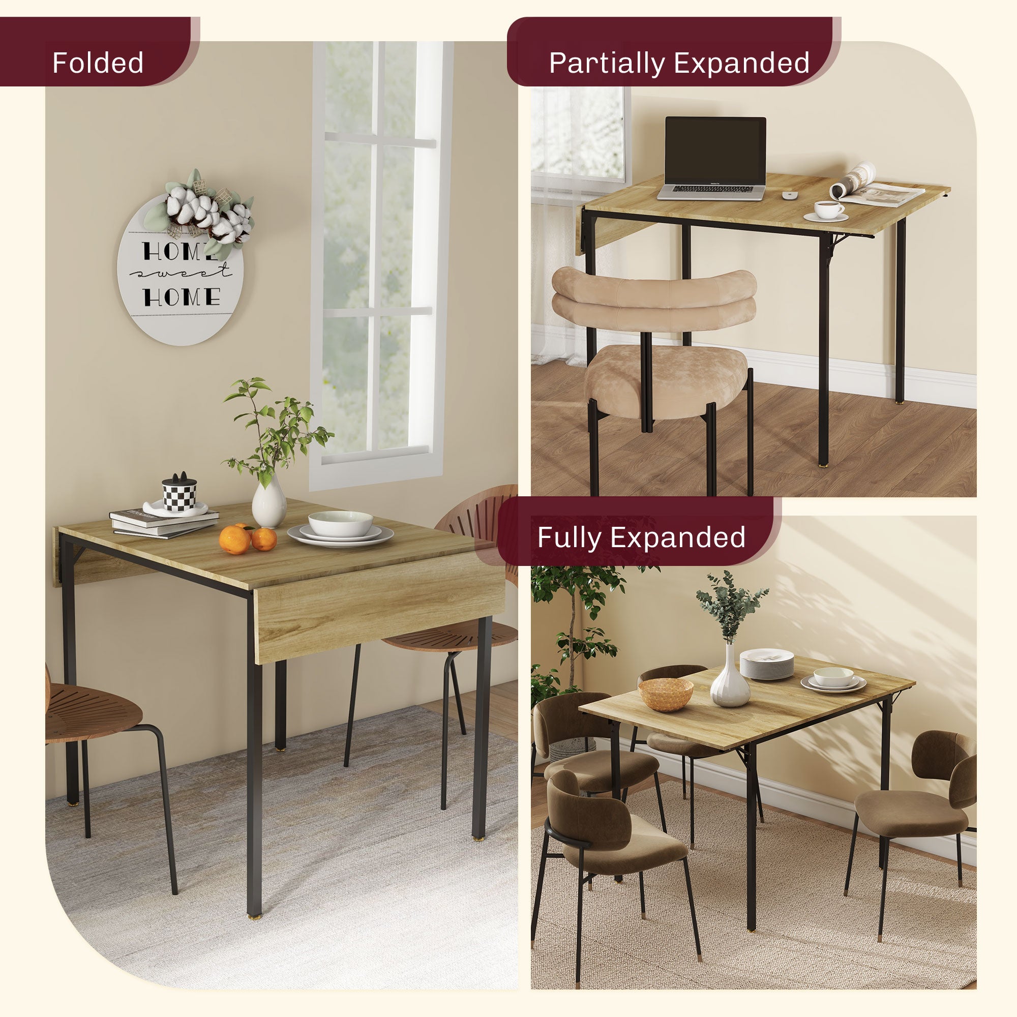 HOMCOM Folding Dining Table, Drop Leaf Table for Small Space, Extendable Kitchen Table for 2 to 4 People, Natural Wood