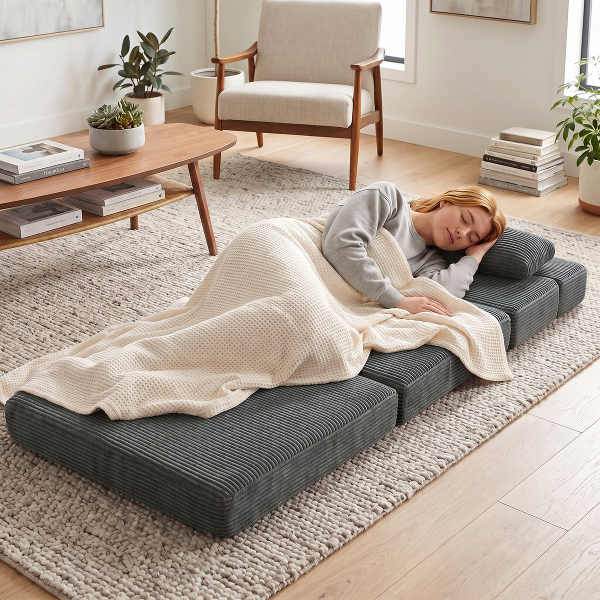 28" Folding Sofa Bed, Boneless Cloud Corduroy Sleeper Floor Chair, Floor Sofa with Back Support, Thick Cushion, Lumbar Pillow, Side Pockets for Living Room, Dark Grey