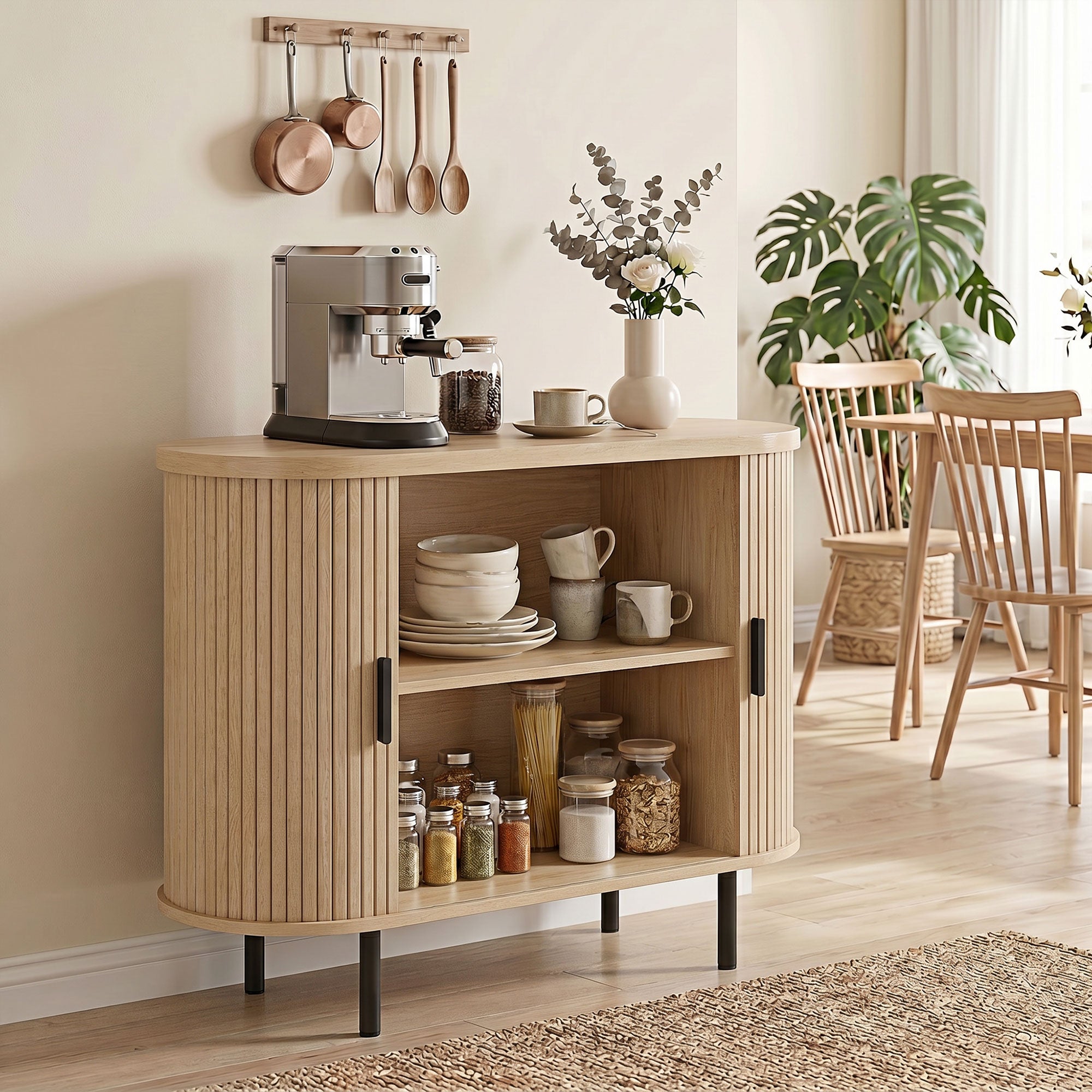 Sideboard Buffet Cabinet with Curved Tambour Doors, 39.4" Farmhouse Coffee Bar Cabinet with Shelves and Side Slots, Natural Wood