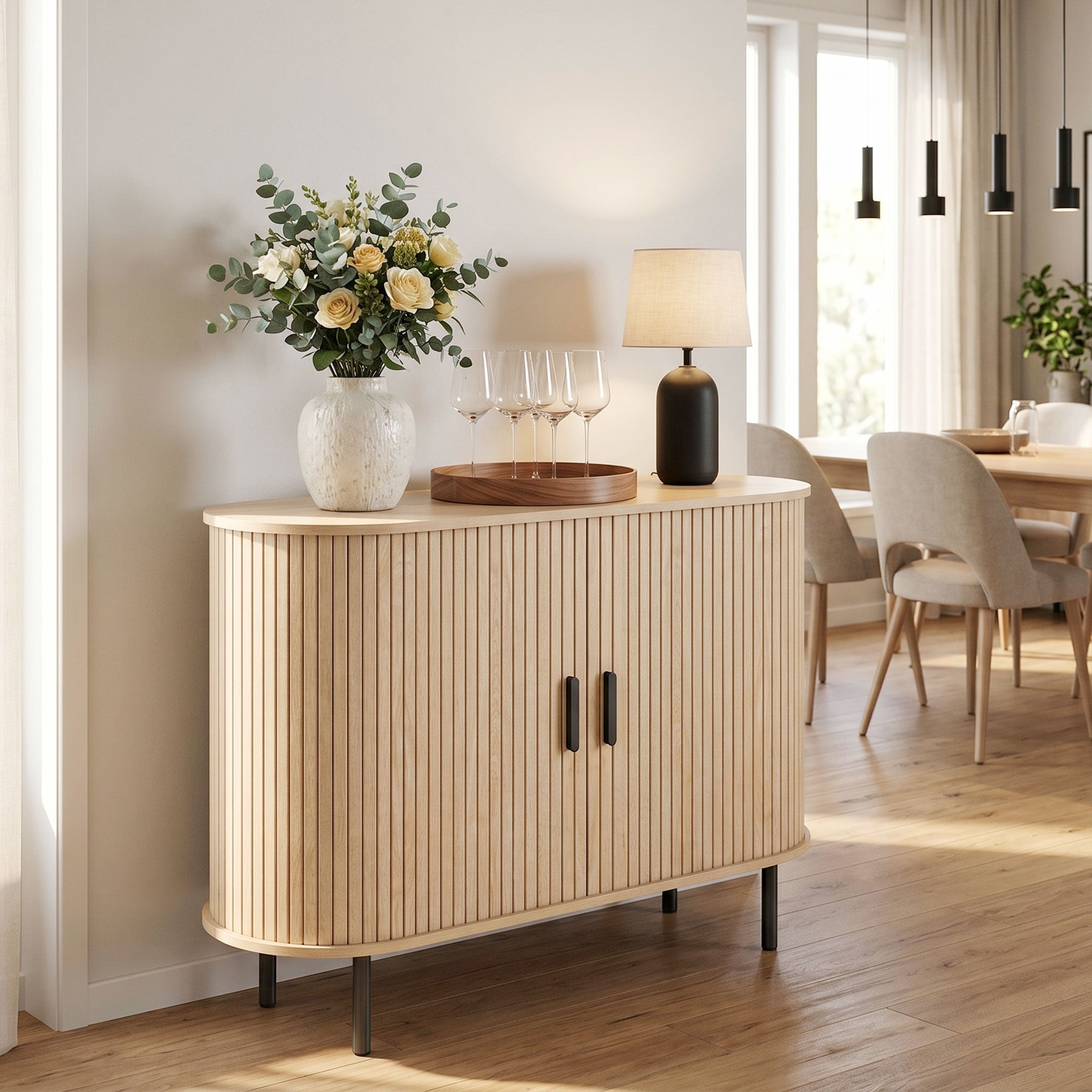 Sideboard Buffet Cabinet with Curved Tambour Doors, 39.4" Farmhouse Coffee Bar Cabinet with Shelves and Side Slots, Natural Wood