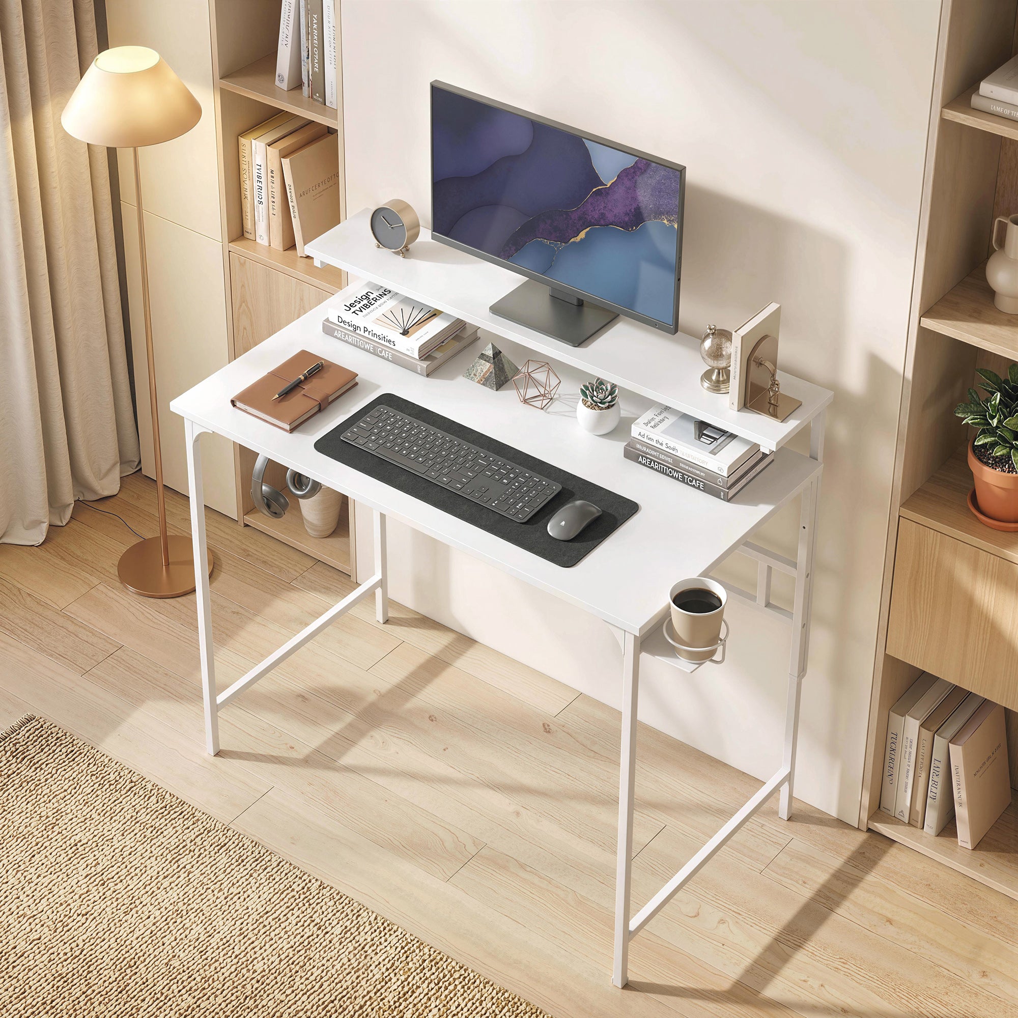 Computer Desk, 80cm Home Office Study Table with Hutch Shelf, Cup Holder, Headphone Hook, Metal Frame, Space Saving Writing Desk, White