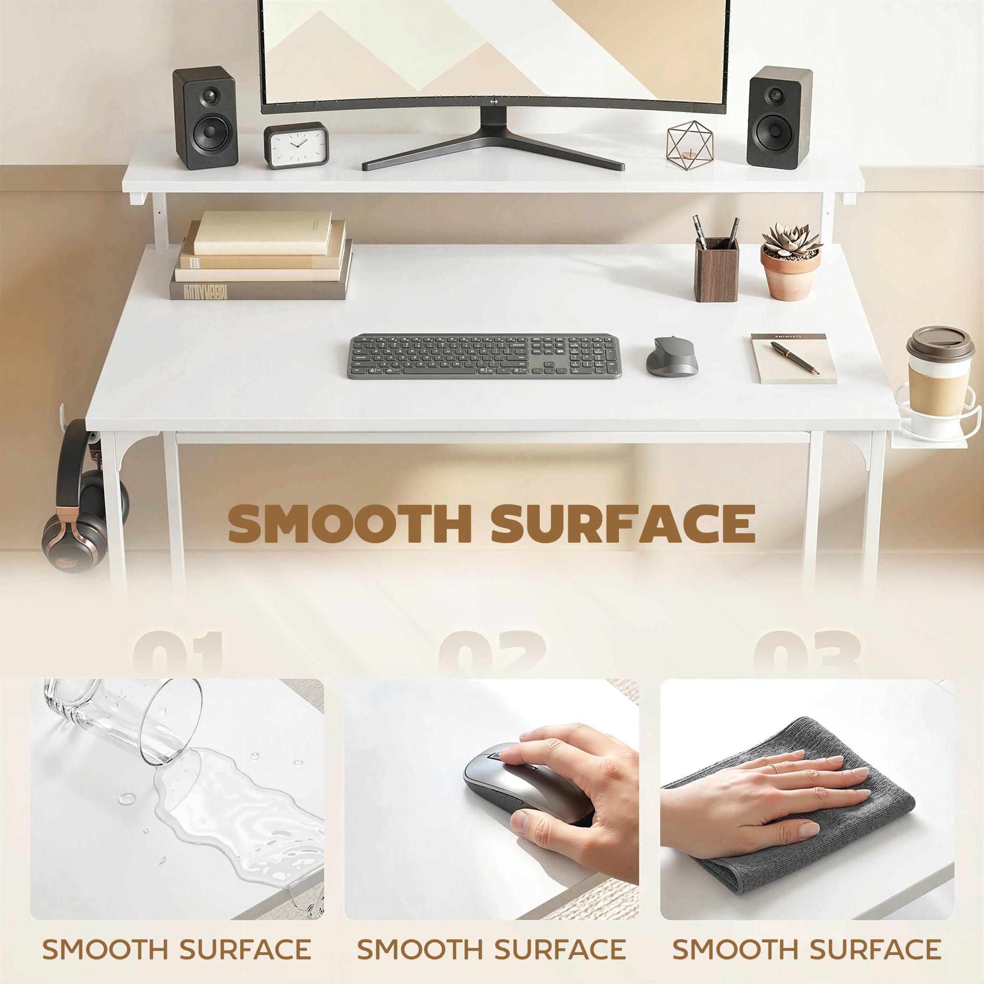Computer Desk, 80cm Home Office Study Table with Hutch Shelf, Cup Holder, Headphone Hook, Metal Frame, Space Saving Writing Desk, White