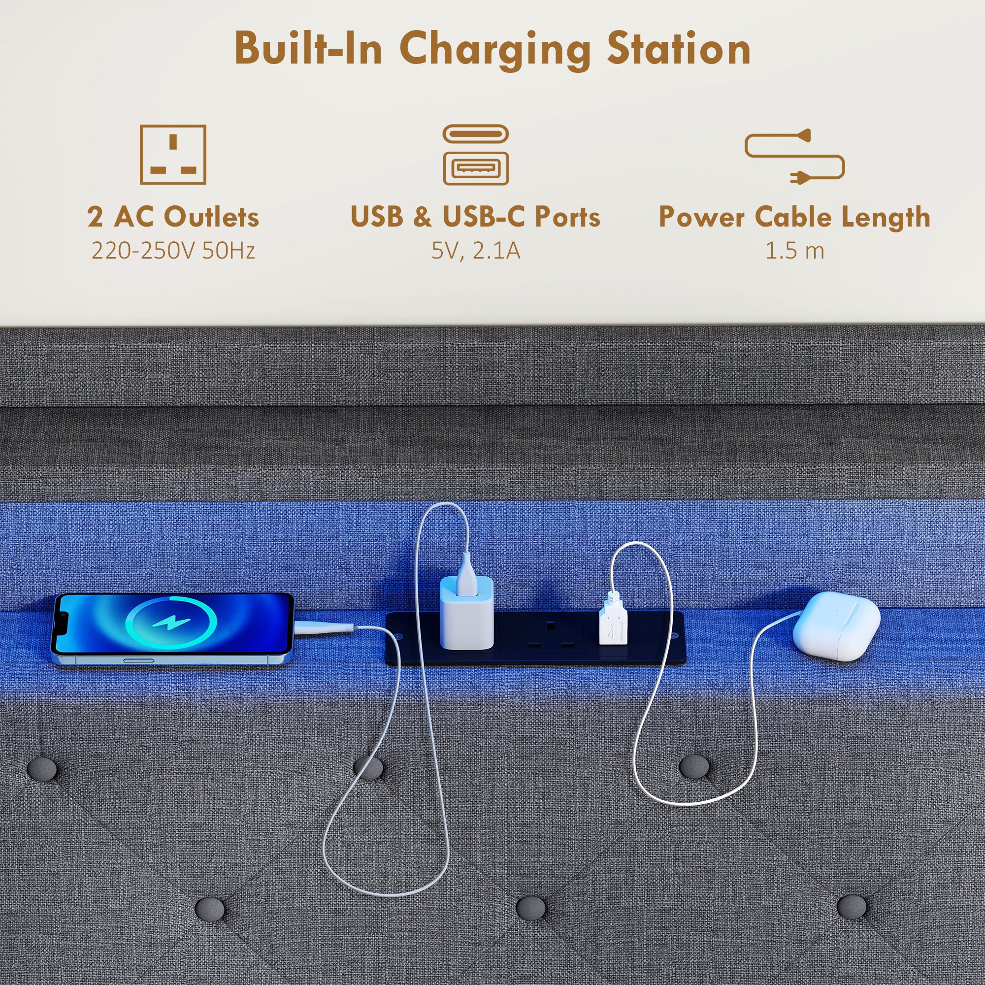 4ft6 Double Bed Frame, Floating Bed Frame with Music Sync RGB LED Lights and Charging Station, Upholstered Headboard with Storage Shelves, No Box Spring Needed, Noise Free, Grey