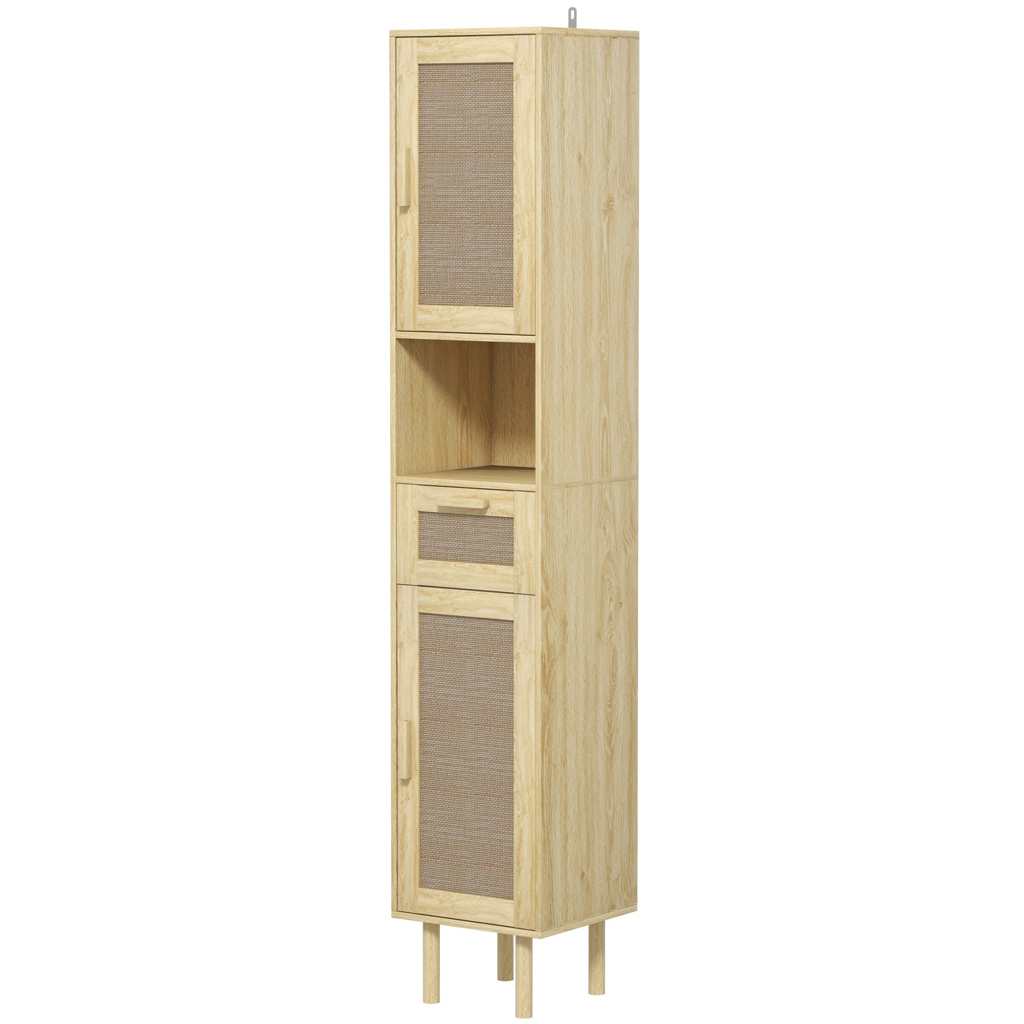 Tall Bathroom Cabinet with Rattan Doors Freestanding Storage with Drawer Oak