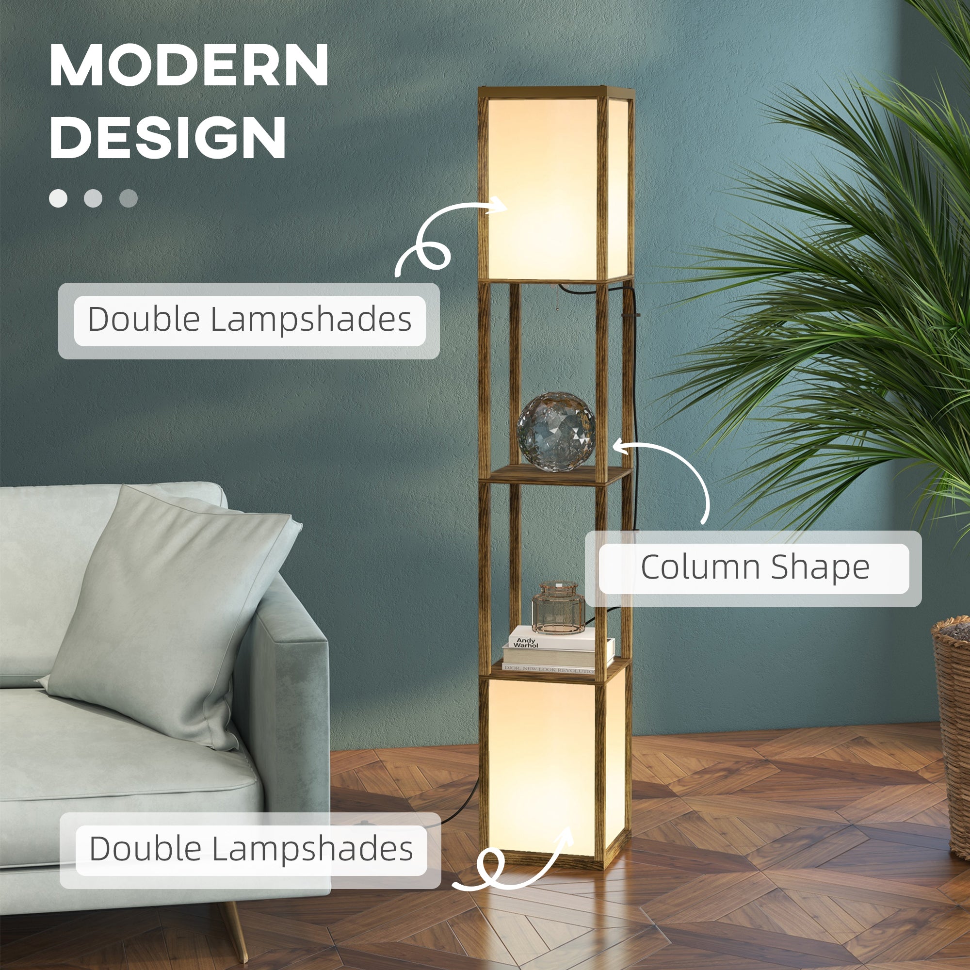 HOMCOM Floor Lamp with Shelves and Dual Light, Modern Corner Standing Lamp for Living Room, Bedroom, Bulb not Included, Rustic Brown