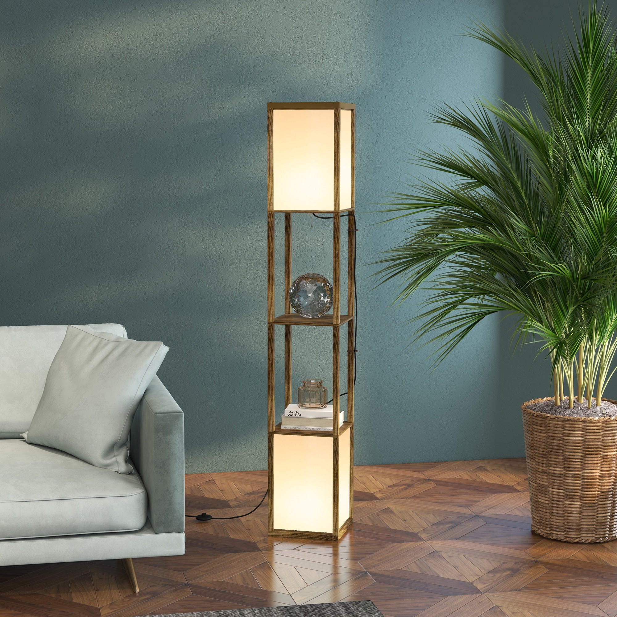 HOMCOM Floor Lamp with Shelves and Dual Light, Modern Corner Standing Lamp for Living Room, Bedroom, Bulb not Included, Rustic Brown