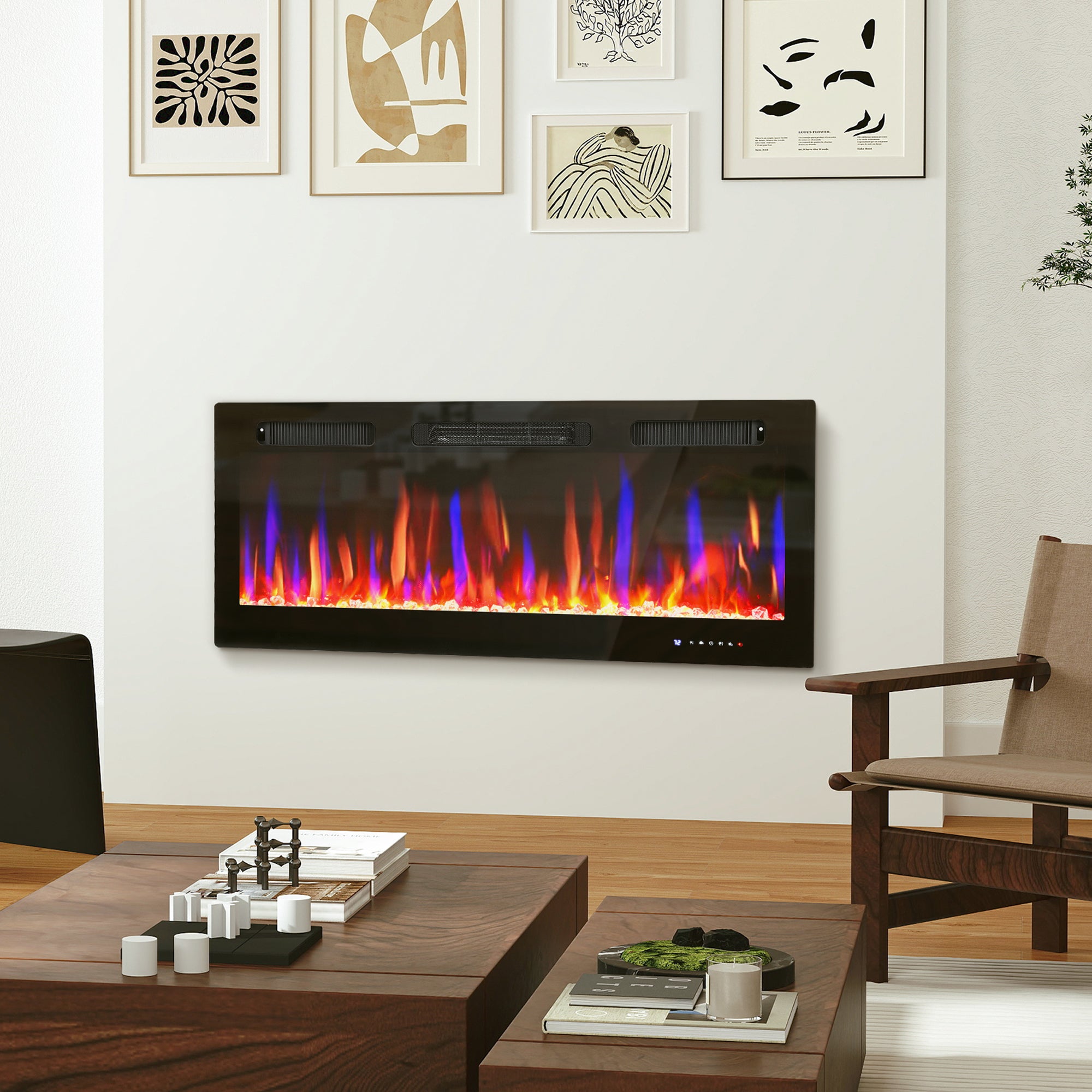 42" Thin Electric Fireplace, Freestanding, Recessed, Wall Mounted Fireplace Heater with Adjustable Flame and Thermostat, Eco Mode, Auto Switch, 12H Timer, Remote, 750/1500W