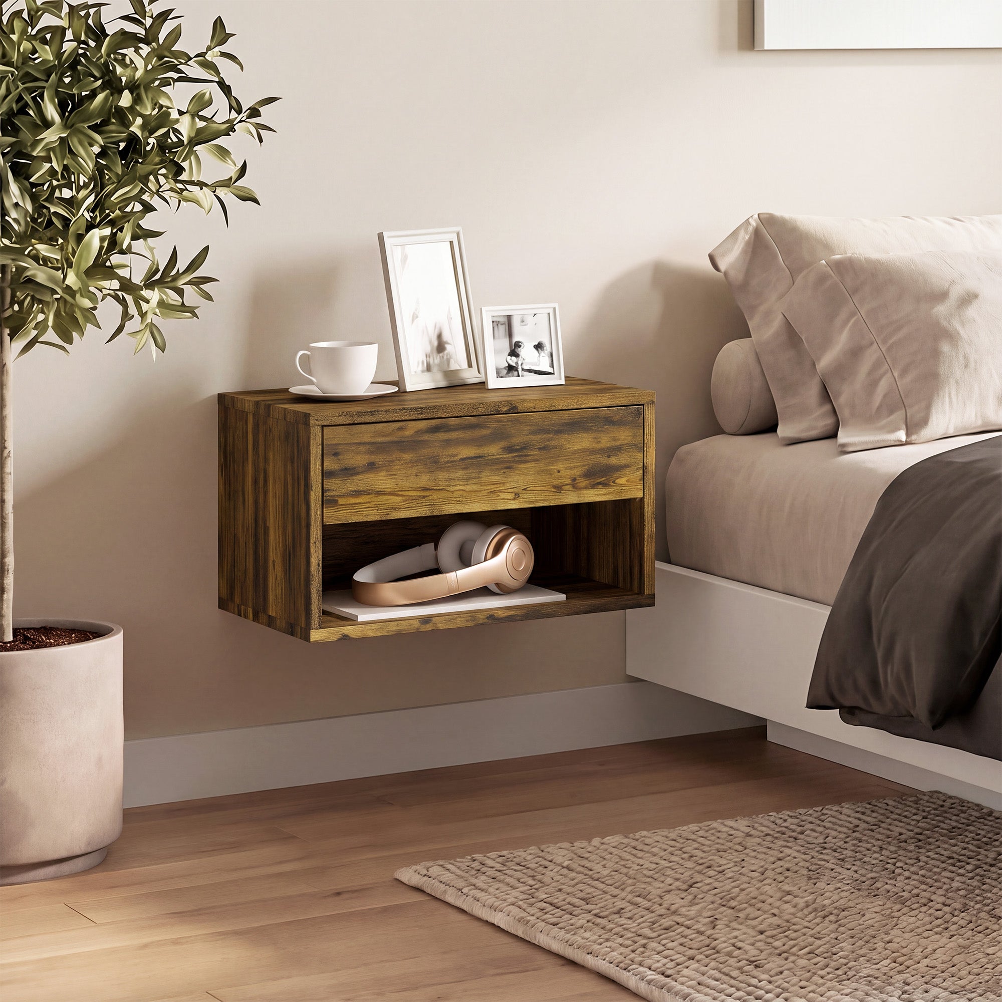 Floating Bedside Tables Set of 2, Wall Mounted Nightstand with Drawer and Open Shelf for Bedroom, Rustic Brown