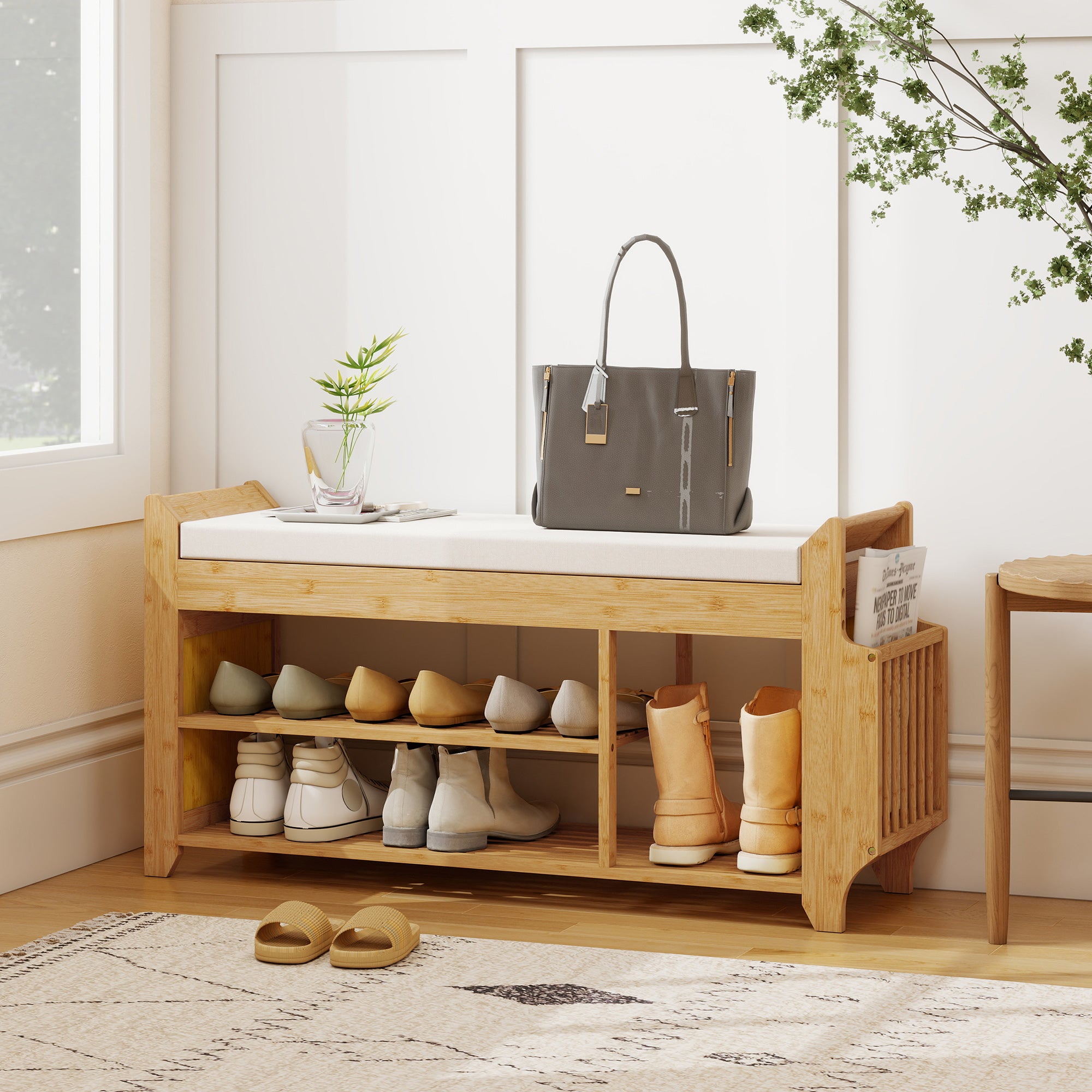 Shoe Bench with Cushioned Seat, 2-Tier Entryway Bench with Side Umbrella Holder, 39.4" in Natural Bamboo Shoe Rack for Hallway, Living Room, Natural and Cream