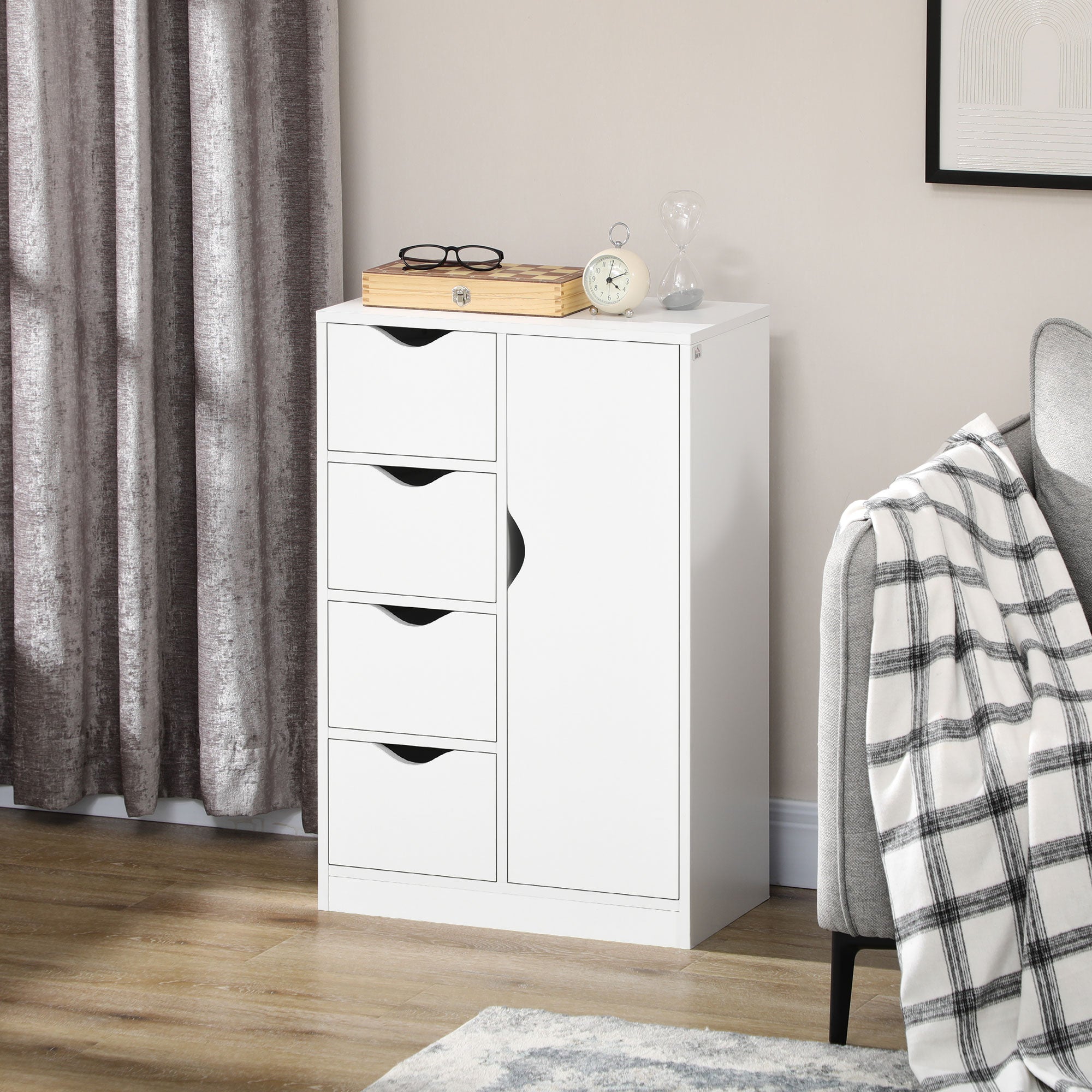 HOMCOM Bathroom Floor Cabinet, Freestanding Storage Unit with 4 Drawers and Door Cupboard for Living Room, Kitchen, Bedroom, White