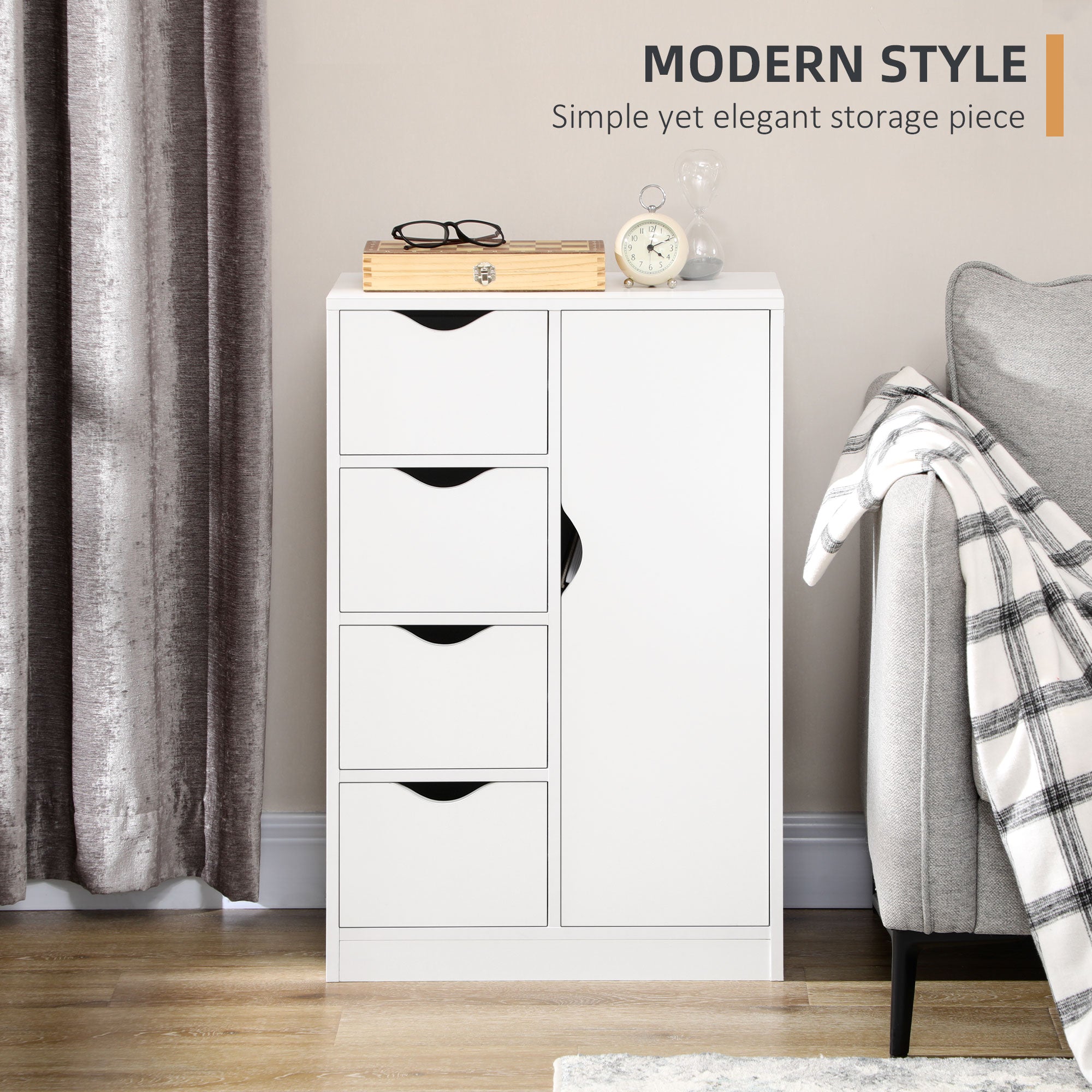 HOMCOM Bathroom Floor Cabinet, Freestanding Storage Unit with 4 Drawers and Door Cupboard for Living Room, Kitchen, Bedroom, White
