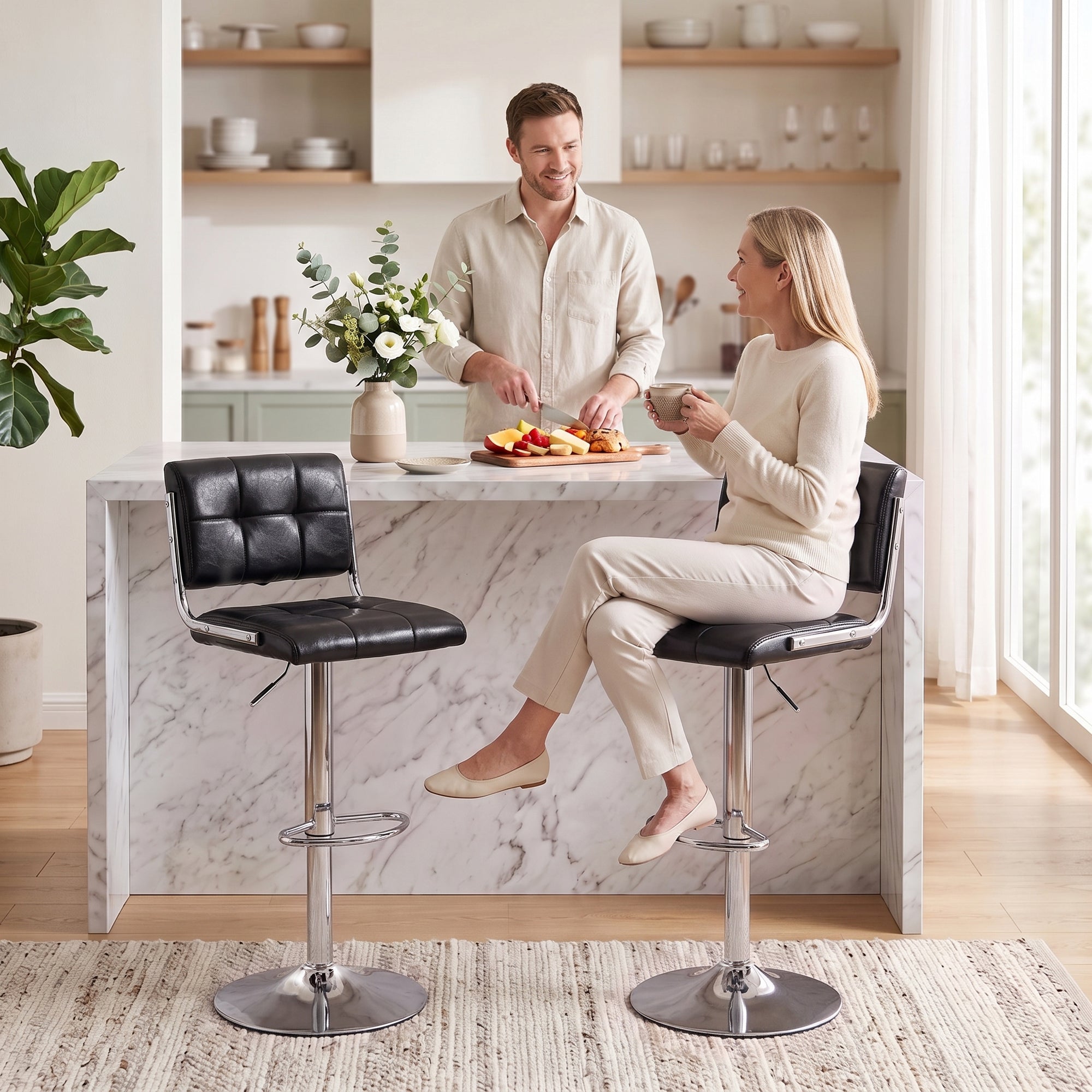 Breakfast Bar Stools Set of 2, Modern PU Leather Swivel BarStools, Adjustable Counter Height Bar Chairs with Backrest and Footrest for Kitchen Island, Dining Room, Bar, Black