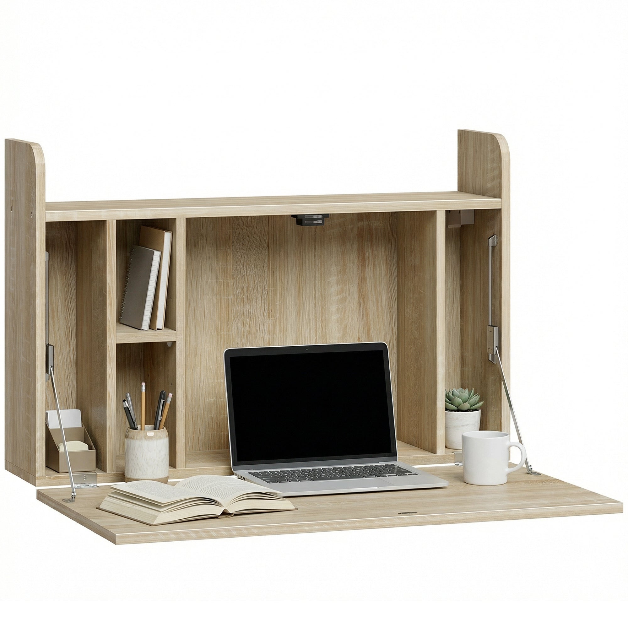 Wall Mounted Desk, Drop Leaf Floating Laptop Desk with Space Saving Storage Compartments for Home Office and Study, 77cm x 20cm x 51cm, Oak