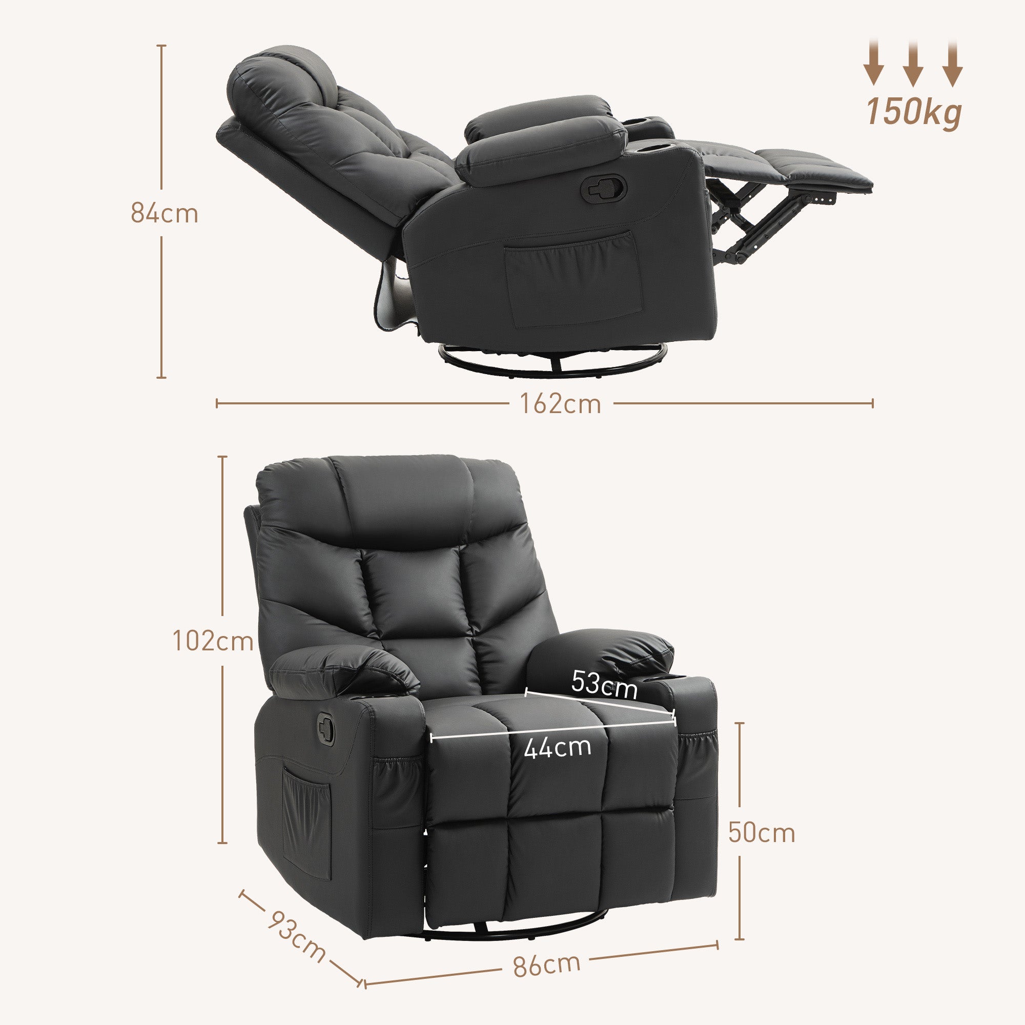 HOMCOM Recliner Armchair, Swivel PU Leather Manual Reclining Chair with Adjustable Leg Rest, Drink Holders, Side Pockets, Rocker Chair for Home Living Room, Black
