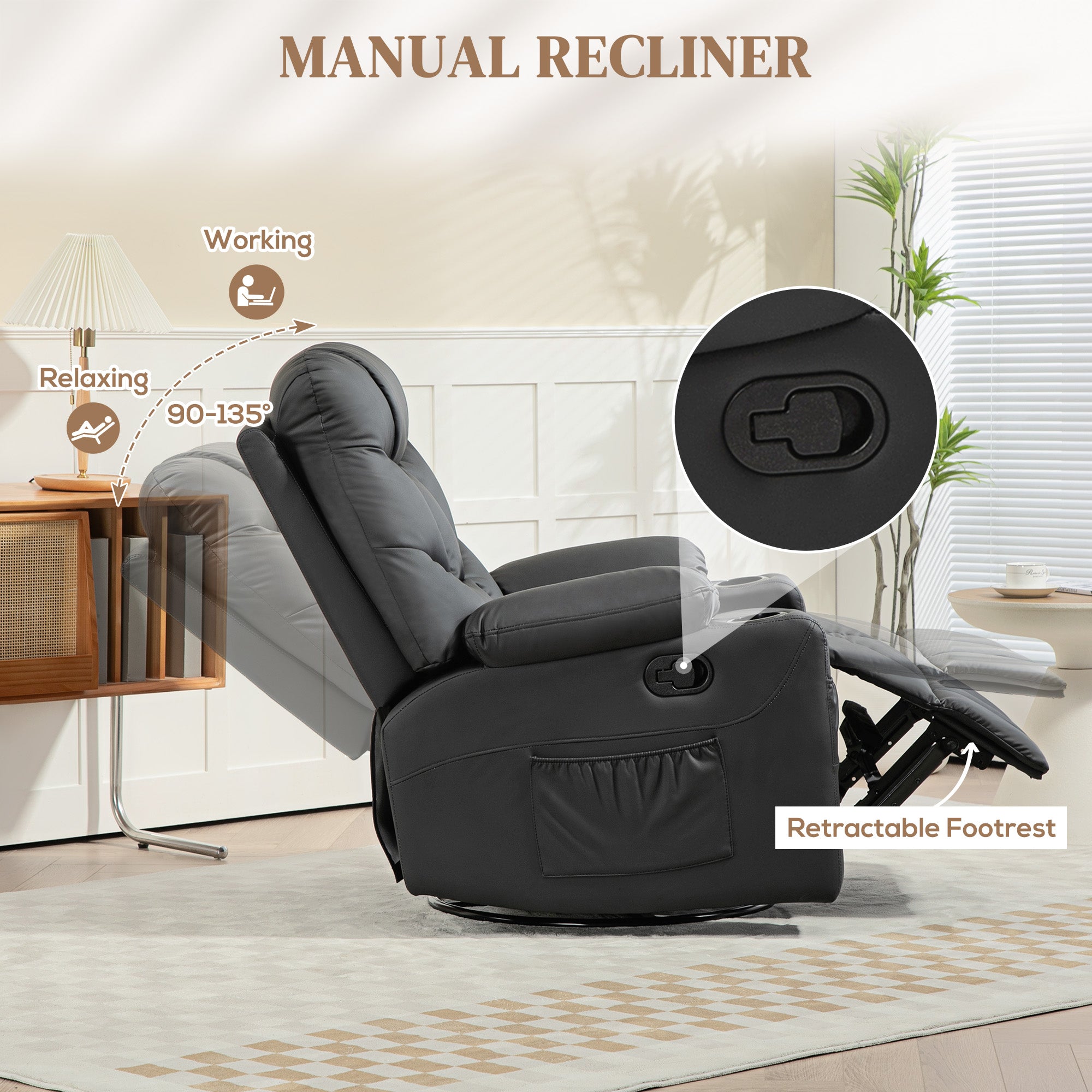HOMCOM Recliner Armchair, Swivel PU Leather Manual Reclining Chair with Adjustable Leg Rest, Drink Holders, Side Pockets, Rocker Chair for Home Living Room, Black